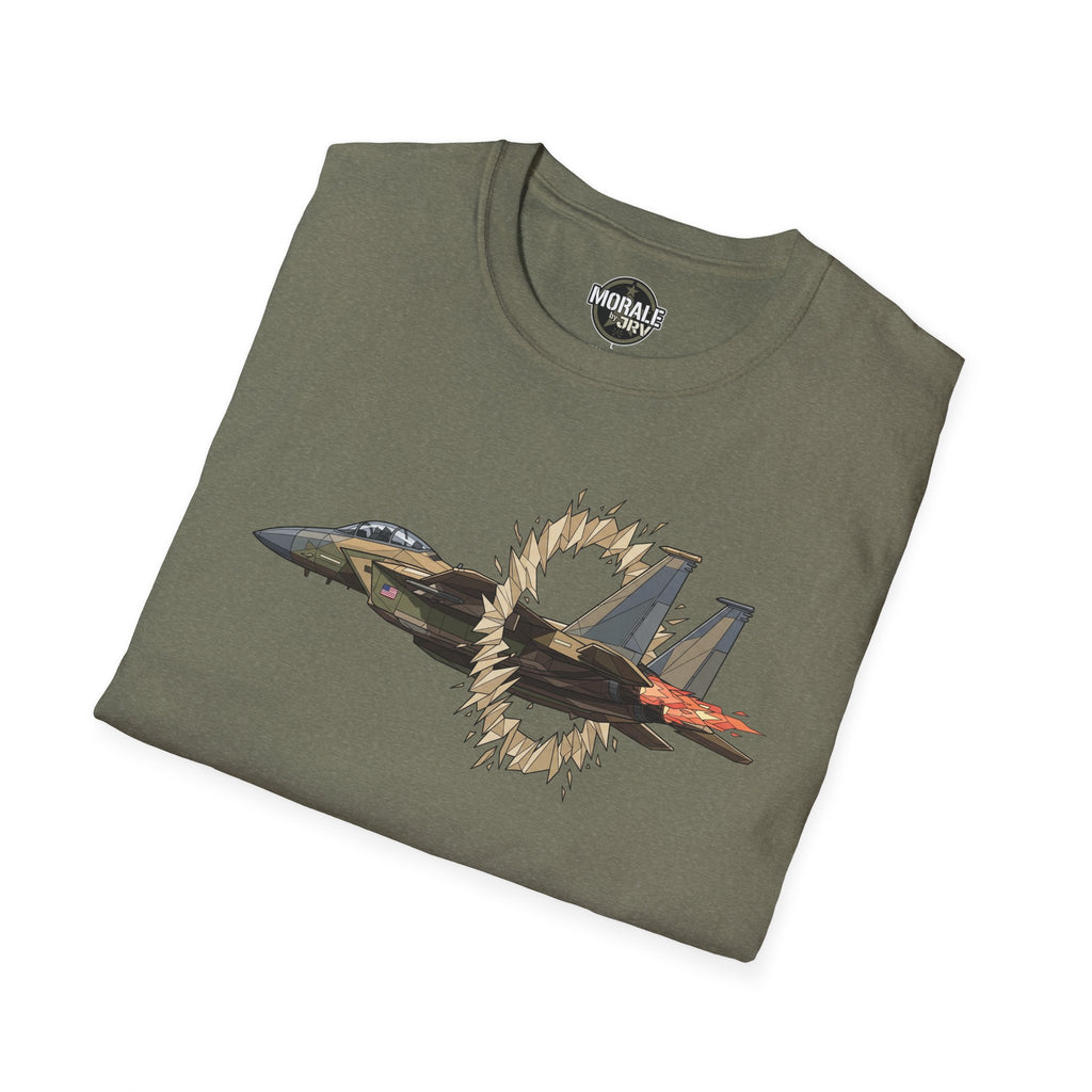 Heather military green t-shirt with fighter jet and golden “ring of fire” burst graphic
