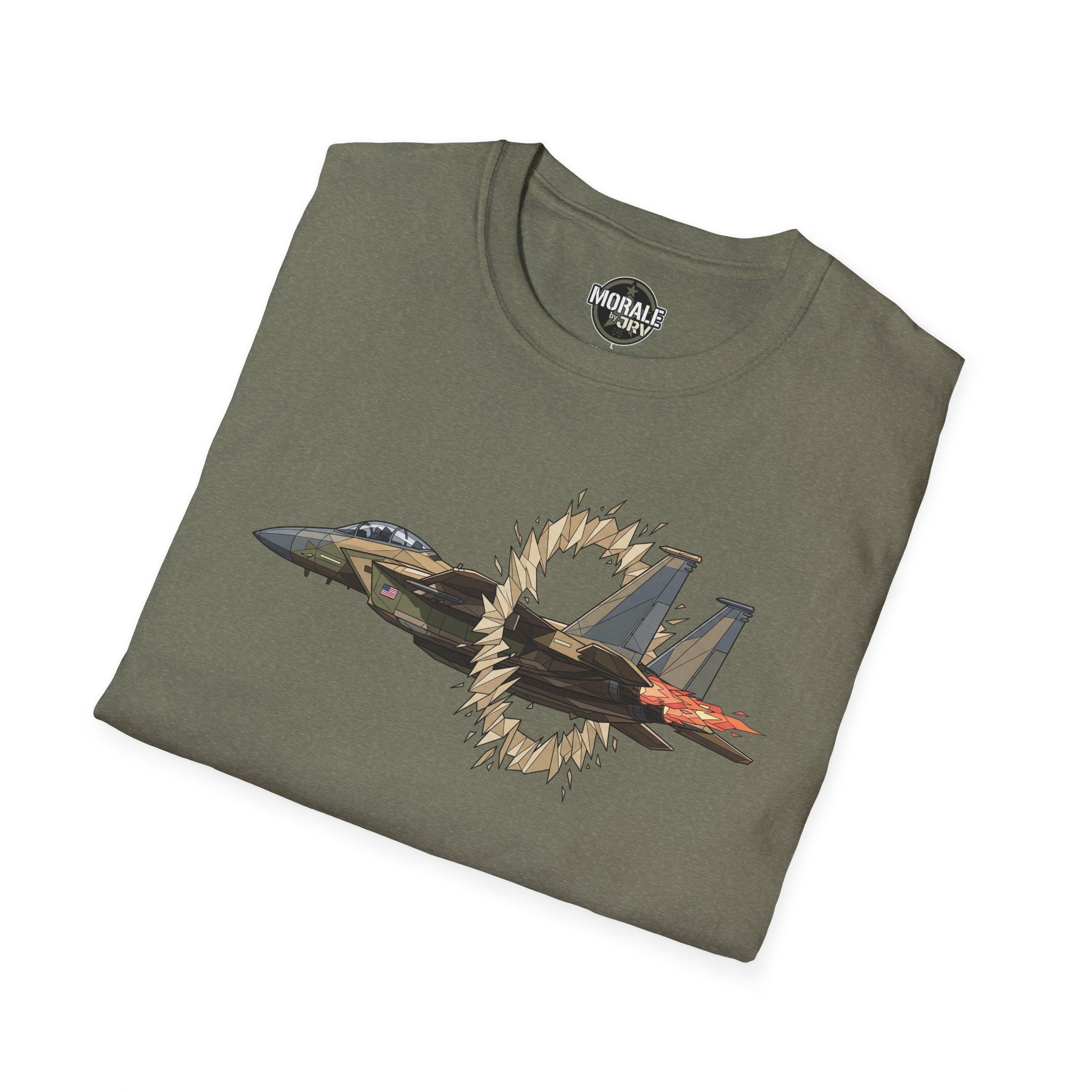 Heather military green t-shirt with fighter jet and golden “ring of fire” burst graphic