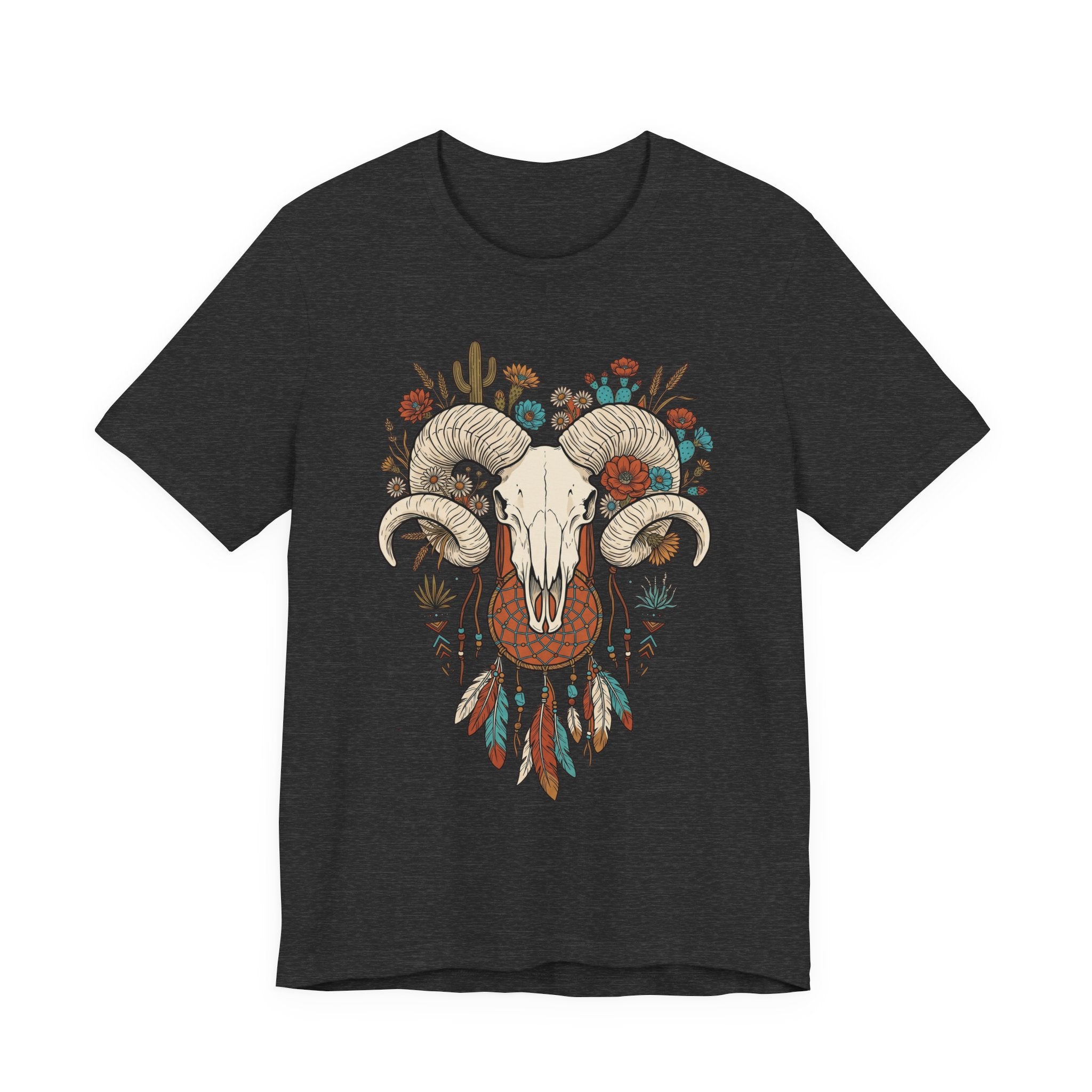 Ram skull with horns graphic T-shirt, dark grey front