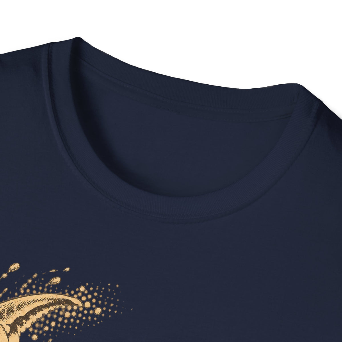 Navy T-shirt close-up of crew collar with partial gold crab graphic print