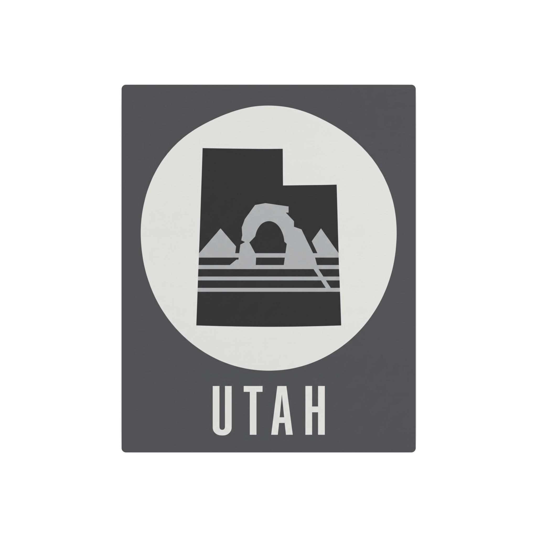 Utah metal wall decor sign with dark square and white circle, mountain silhouette and “UTAH”