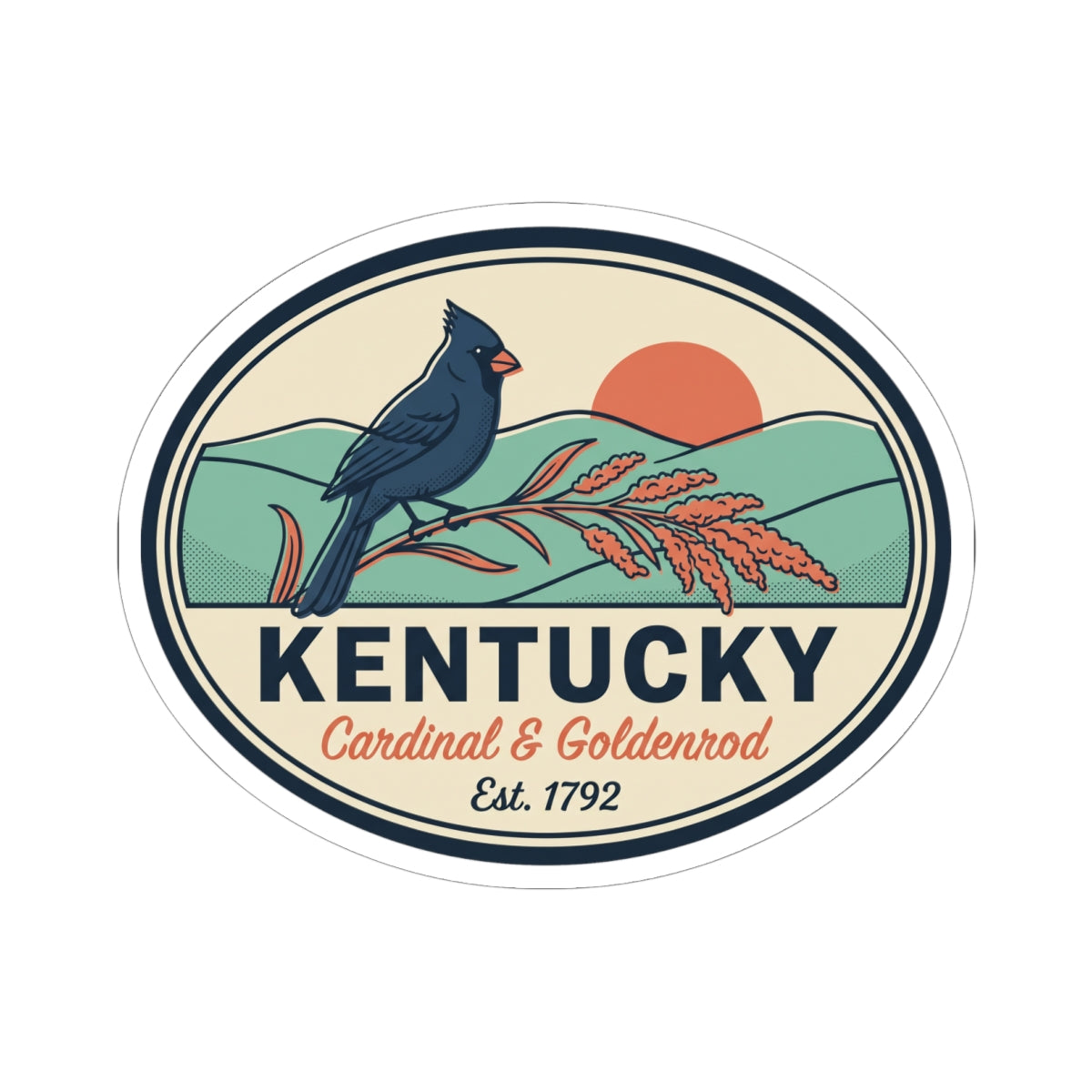 Round vinyl sticker badge featuring a blue cardinal, goldenrod flowers, Kentucky, Est. 1792.