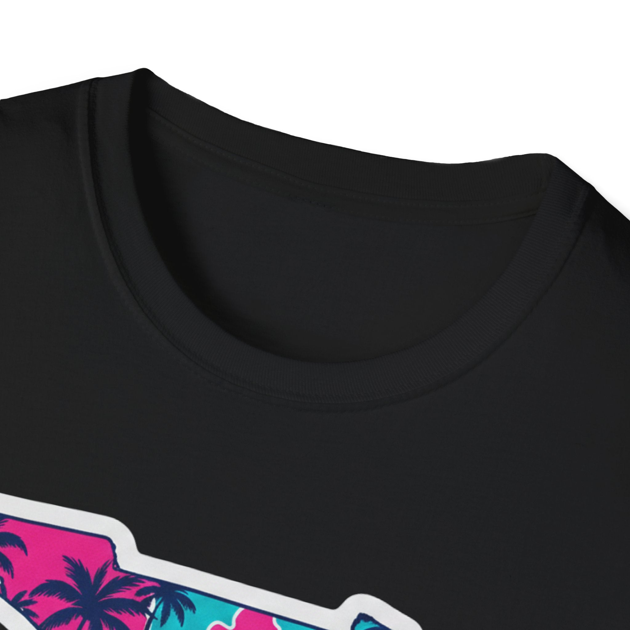 Black T-shirt neckline close-up, no graphic visible