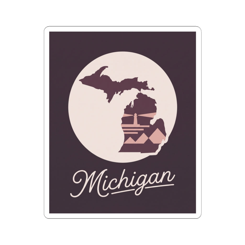Michigan kiss-cut decal sticker: cream circle with purple map, lighthouse, and “Michigan” script.