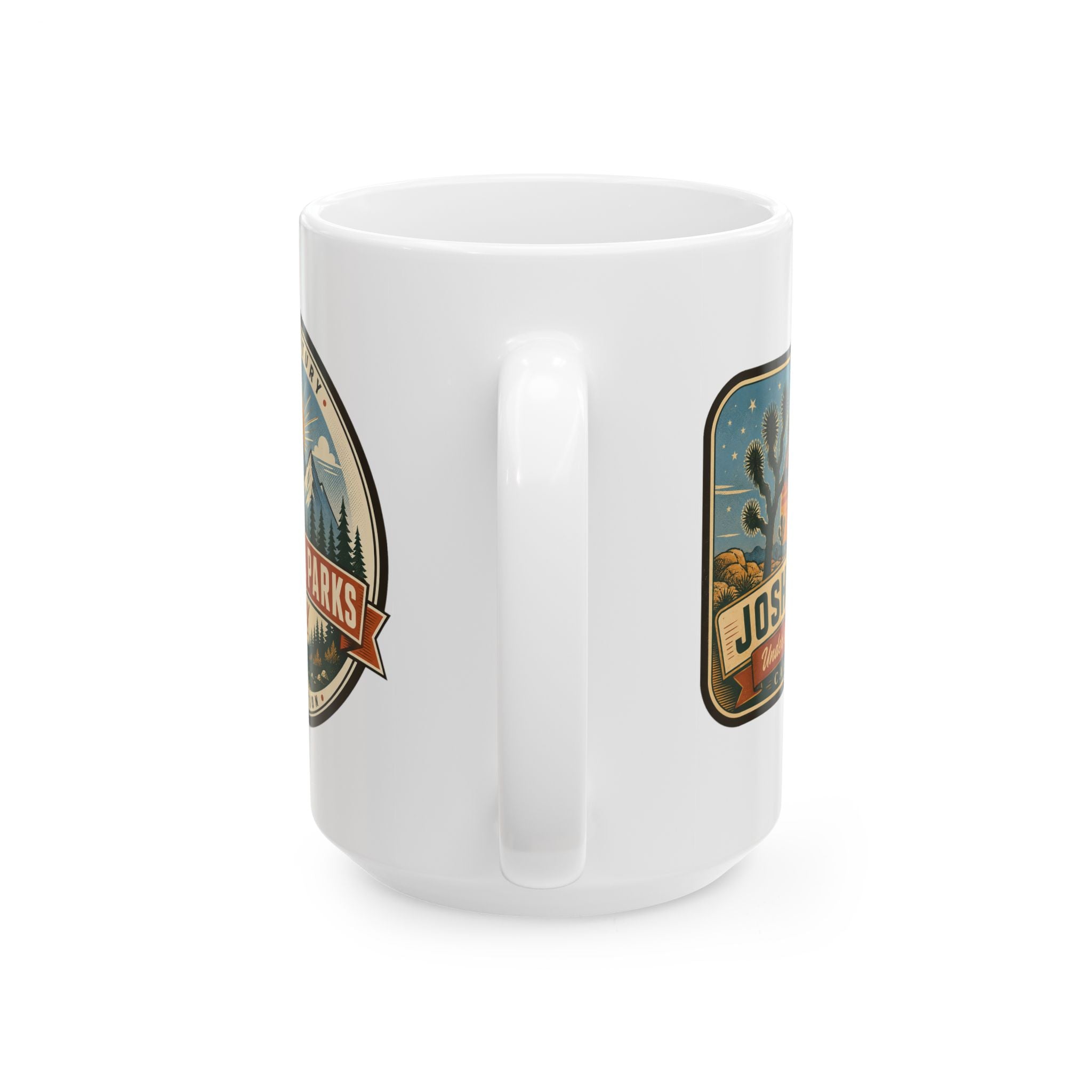 White ceramic mug with Joshua Tree emblem on side and National Parks badge on other