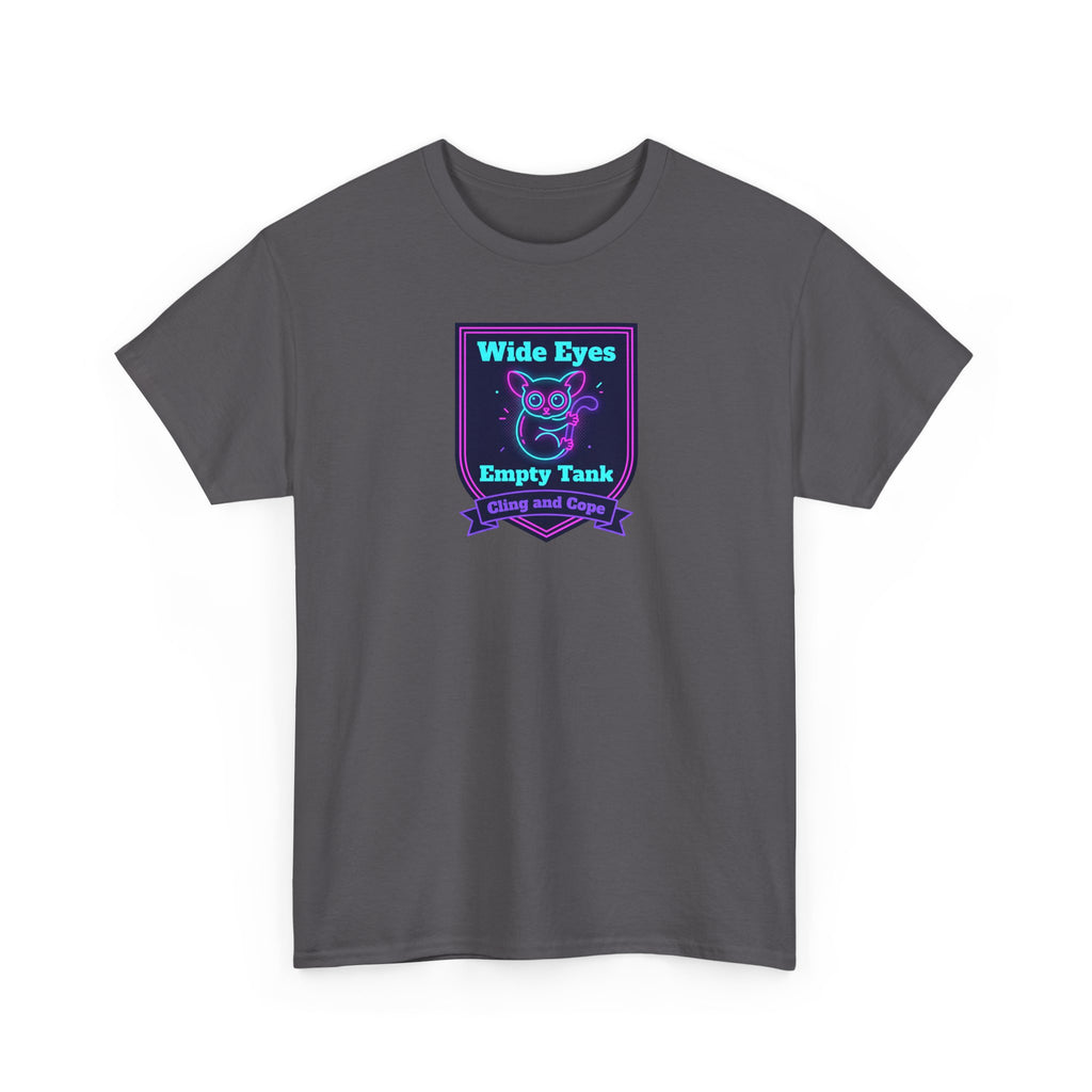 Charcoal gray crewneck T-shirt with neon purple graphic badge on the chest.