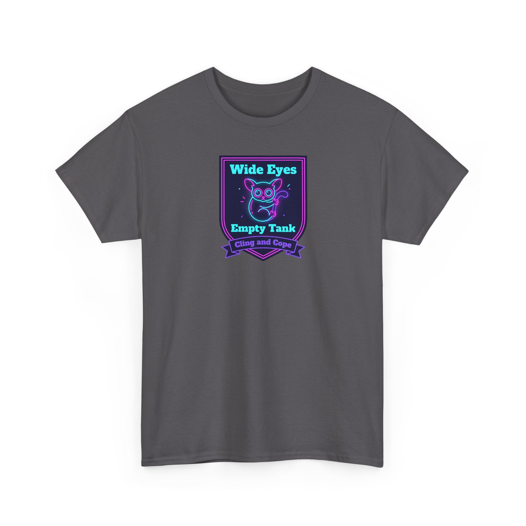 Charcoal gray crewneck T-shirt with neon purple graphic badge on the chest.