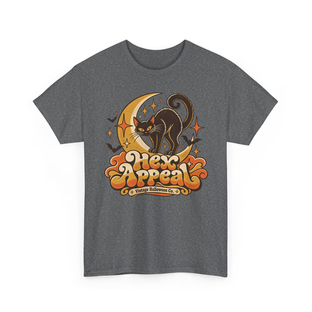 Hex Appeal Black Cat T-Shirt, Retro Crescent Moon Witchy Halloween Shirt for Women and Men, Funny Spooky Cat Lover Tee