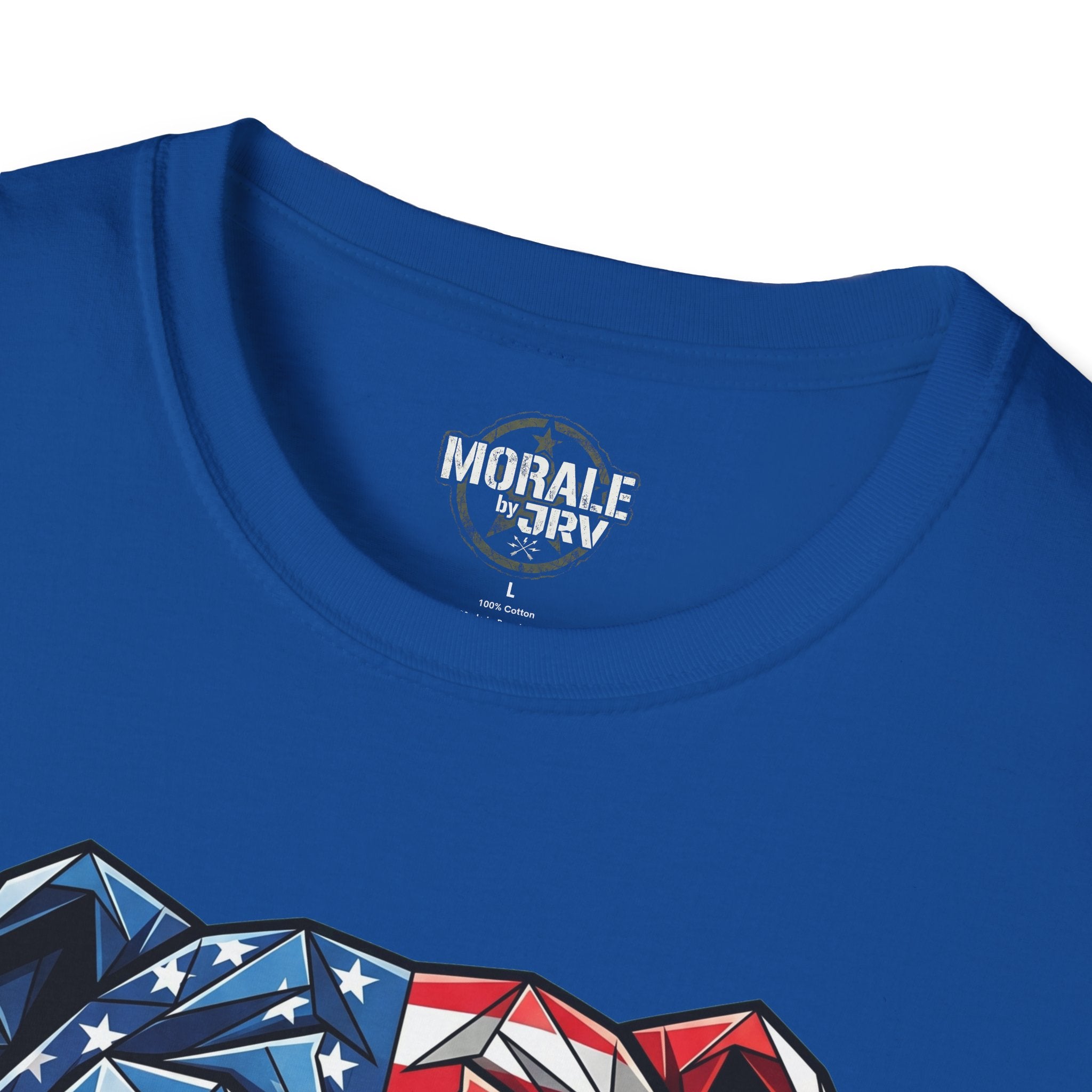 Royal blue T-shirt neckline label with partial patriotic bulldog graphic