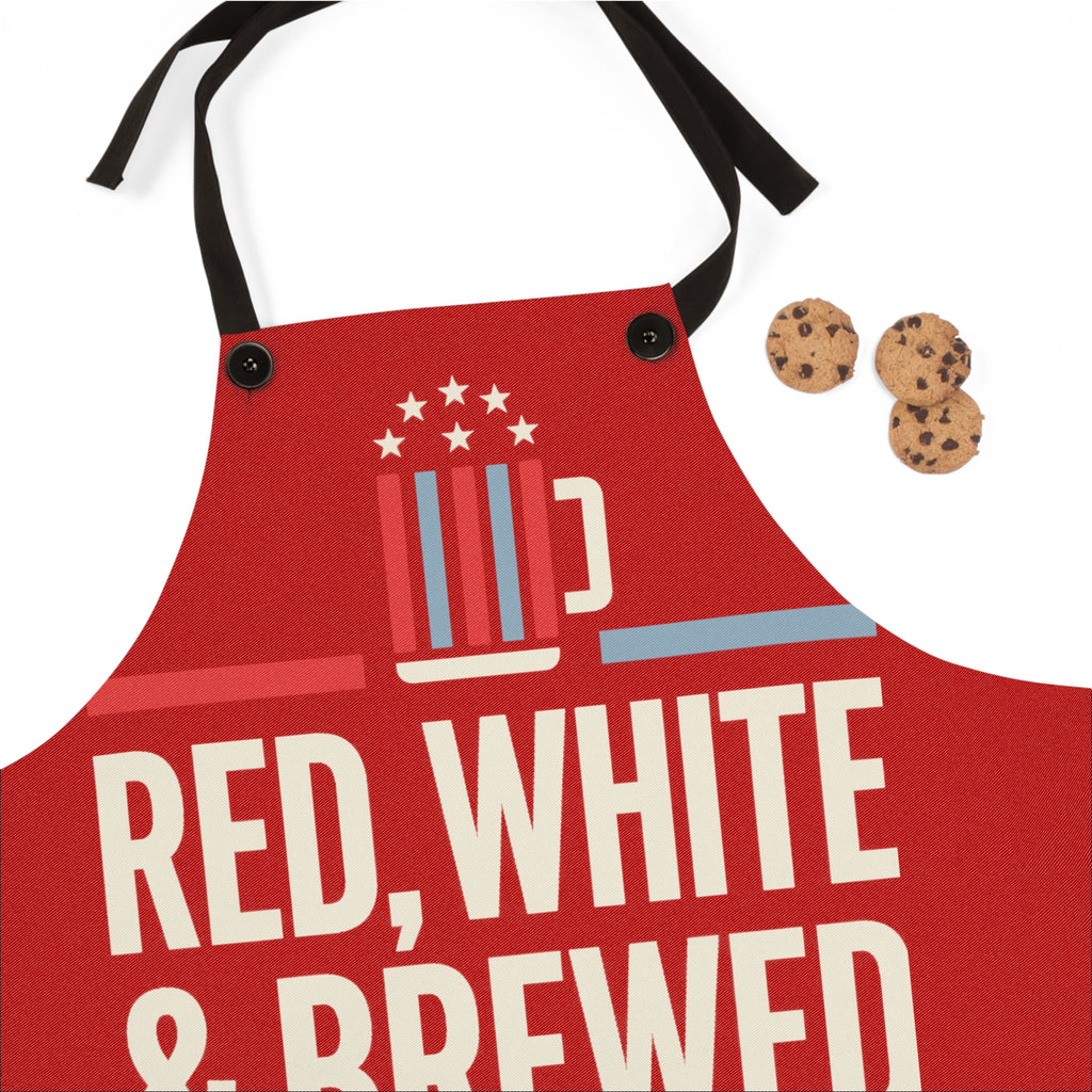 Red apron front with black eyelet straps and large “RED, WHITE & BREWED” design