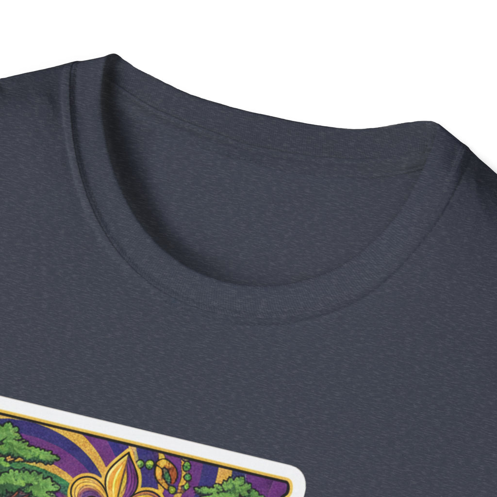 Close-up: dark heather crew neck, partial Louisiana graphic at bottom