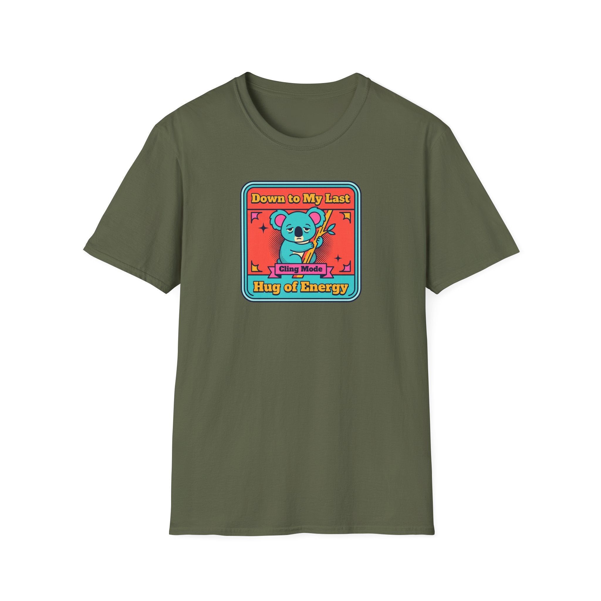 Olive green short-sleeve t-shirt featuring a koala graphic on the front.