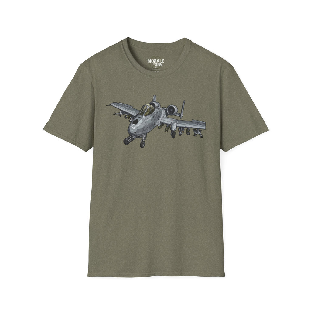 A-10 Warthog graphic T-shirt in heather military green, jet design on front