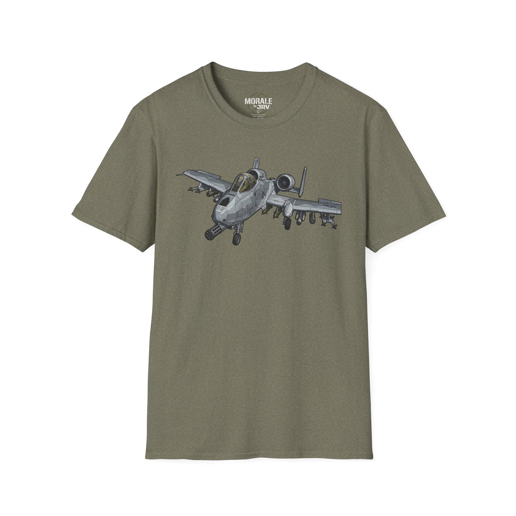 A-10 Warthog graphic T-shirt in heather military green, jet design on front