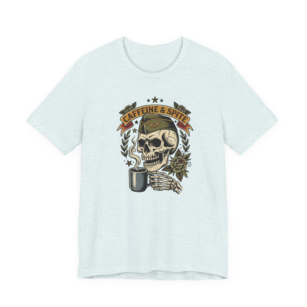 Pale light blue T-shirt with skull holding coffee mug graphic in green and gold
