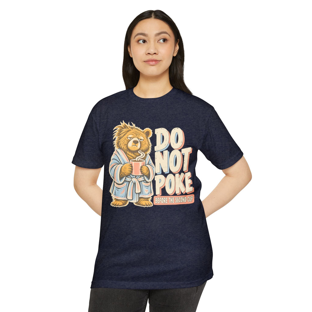 Navy graphic T-shirt with grumpy bear holding a cup and 'DO NOT POKE' on front
