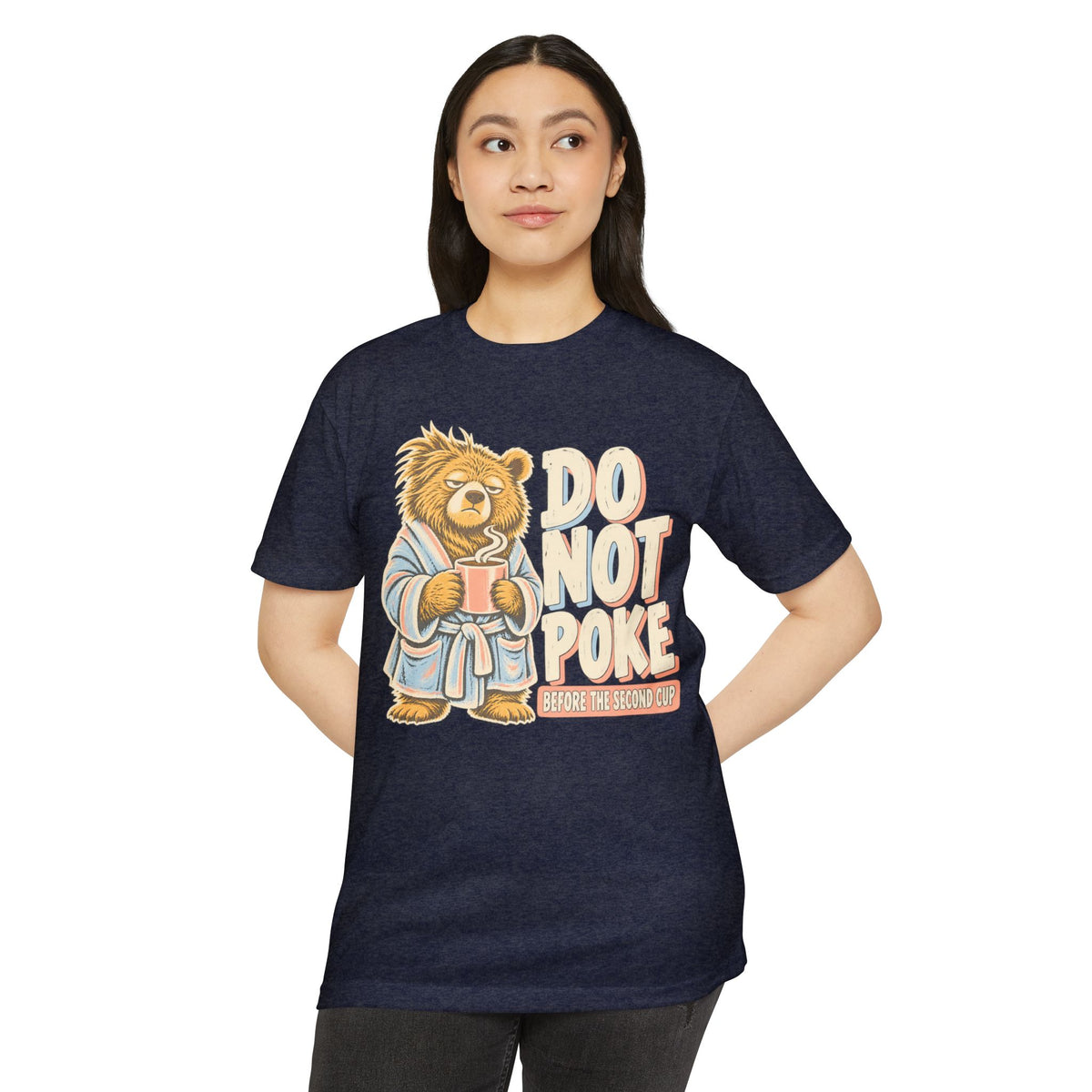 Navy graphic T-shirt with grumpy bear holding a cup and 'DO NOT POKE' on front