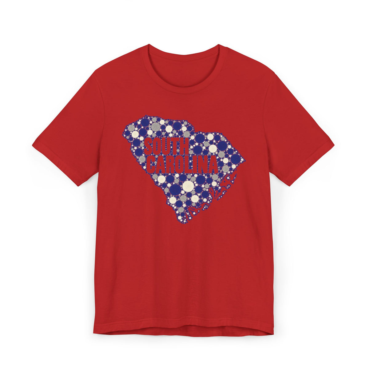 Red T-shirt with blue dotted South Carolina outline and “South Carolina” text