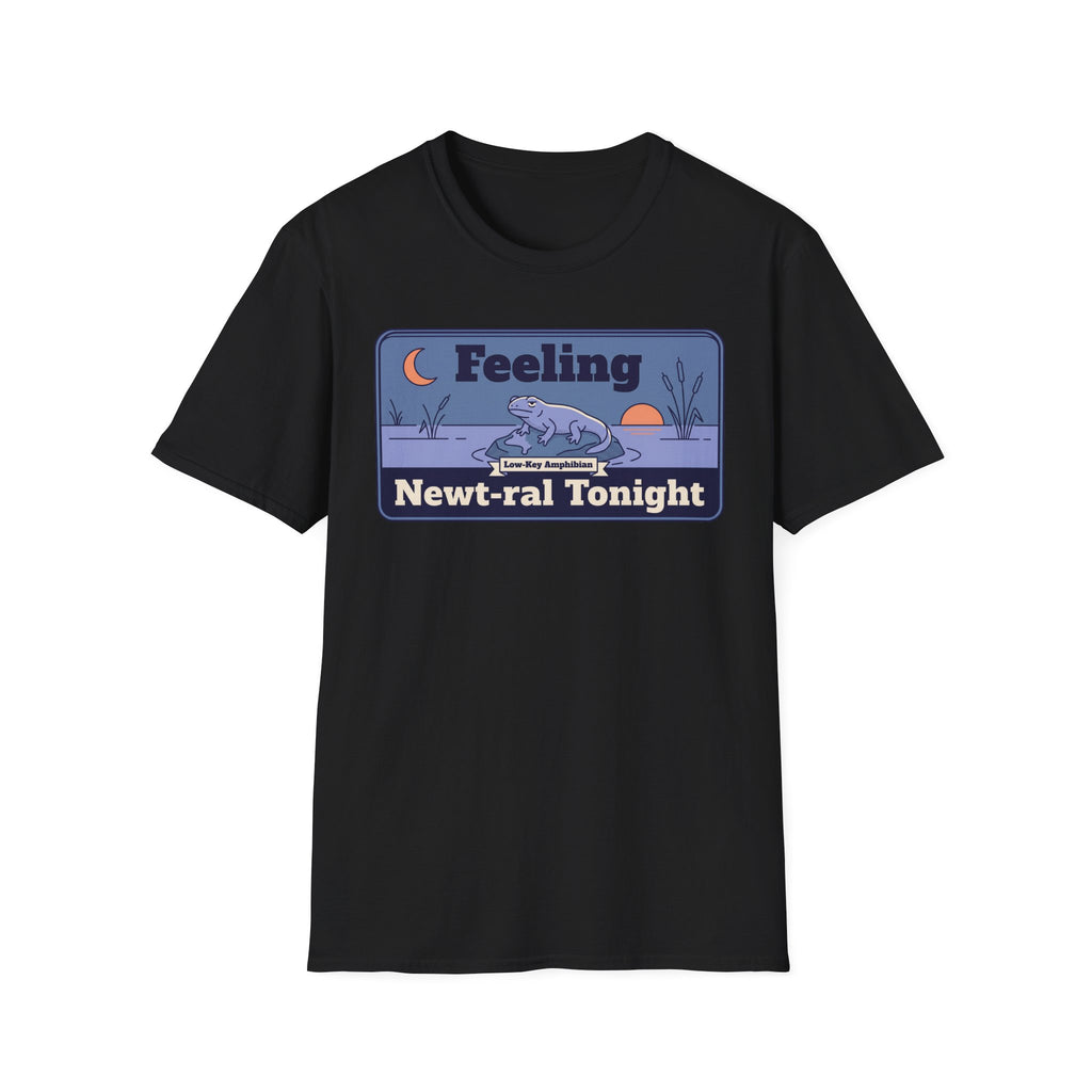 Black unisex t-shirt with newt graphic panel and “Newt-ral Tonight” lettering