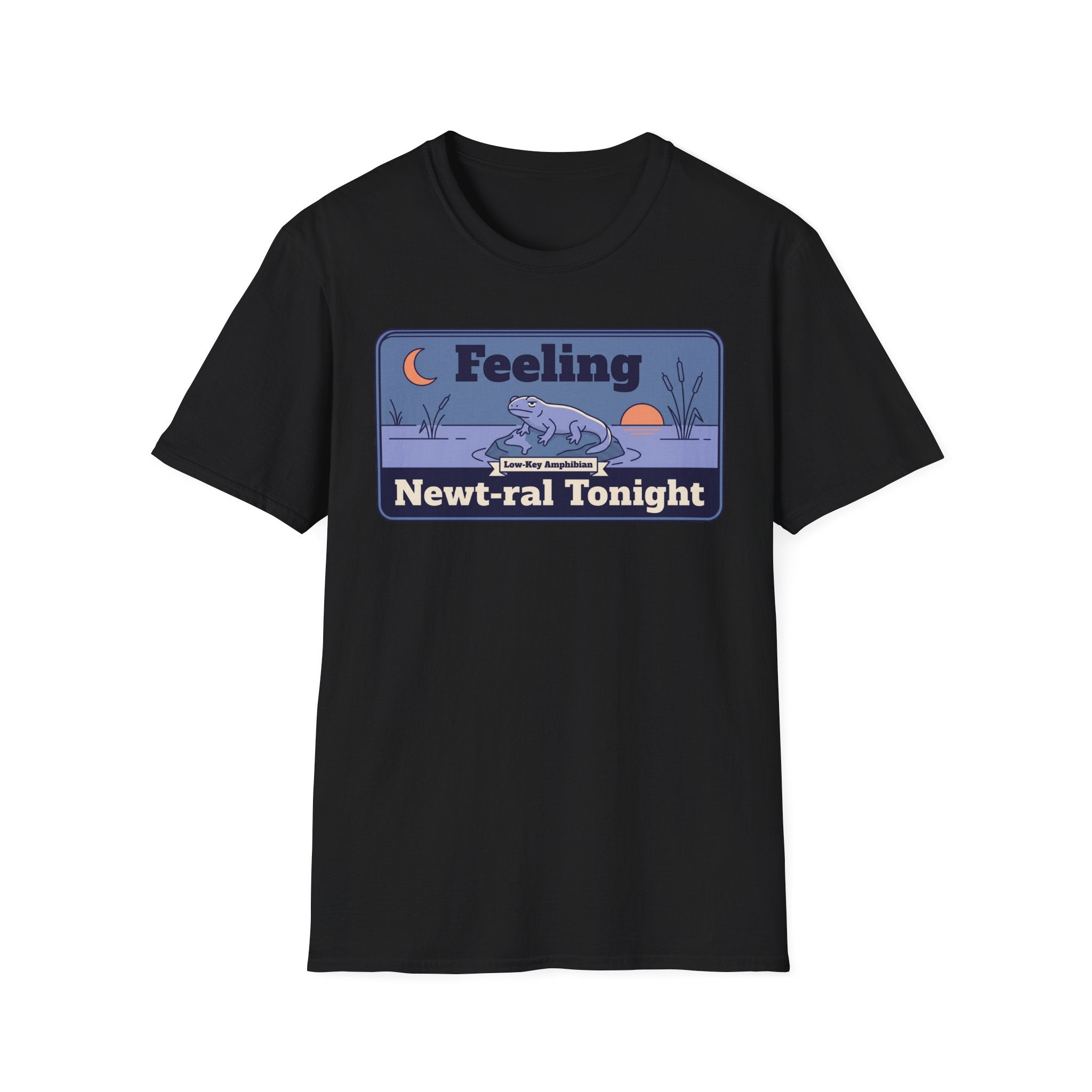 Black unisex t-shirt with newt graphic panel and “Newt-ral Tonight” lettering