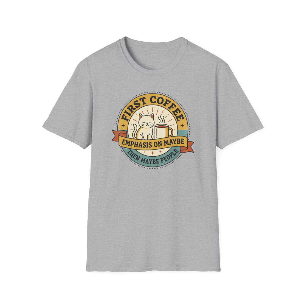 Light gray short-sleeve T-shirt with front cat coffee graphic and “Emphasis on Maybe”