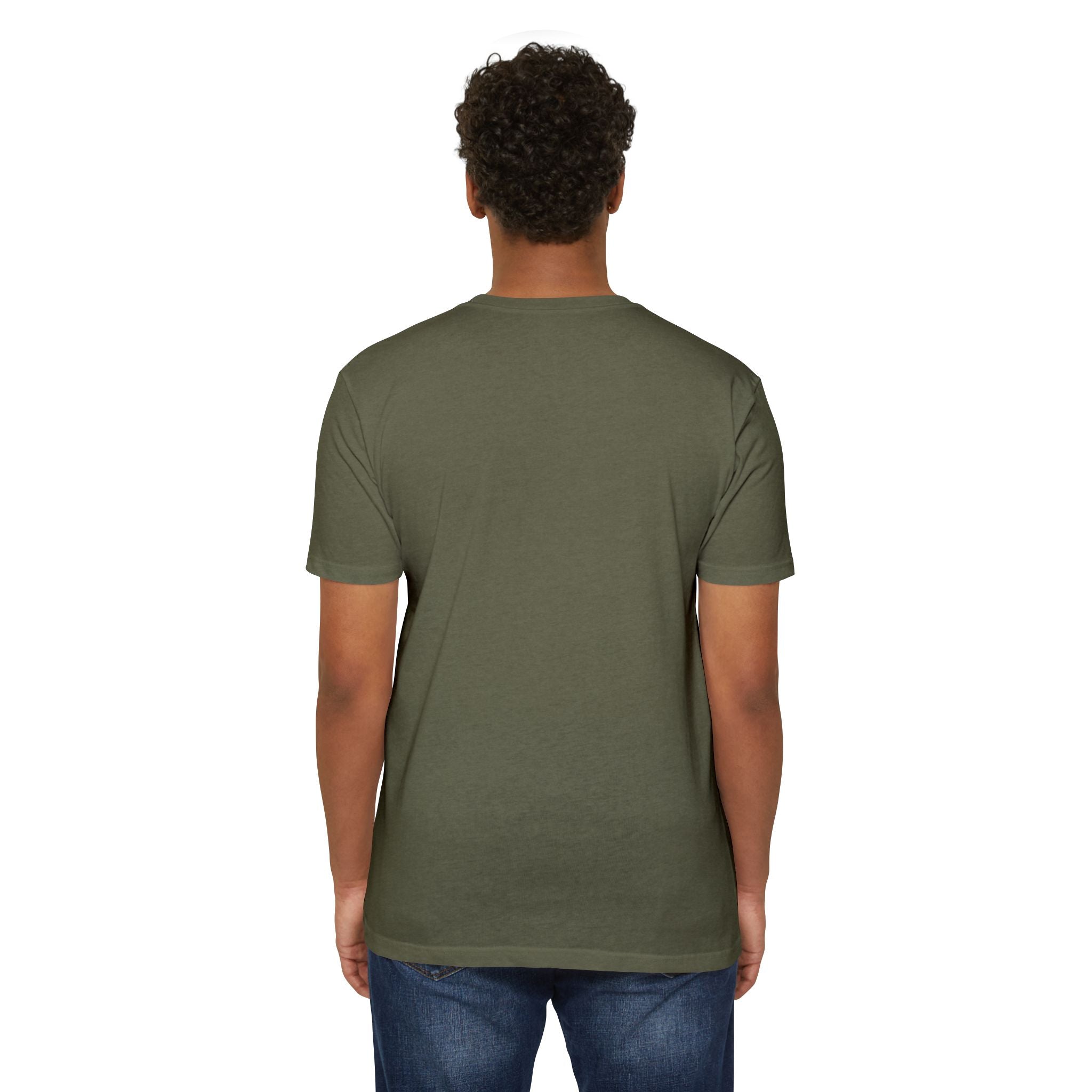 Dark olive crew-neck T-shirt with short sleeves, plain back view.