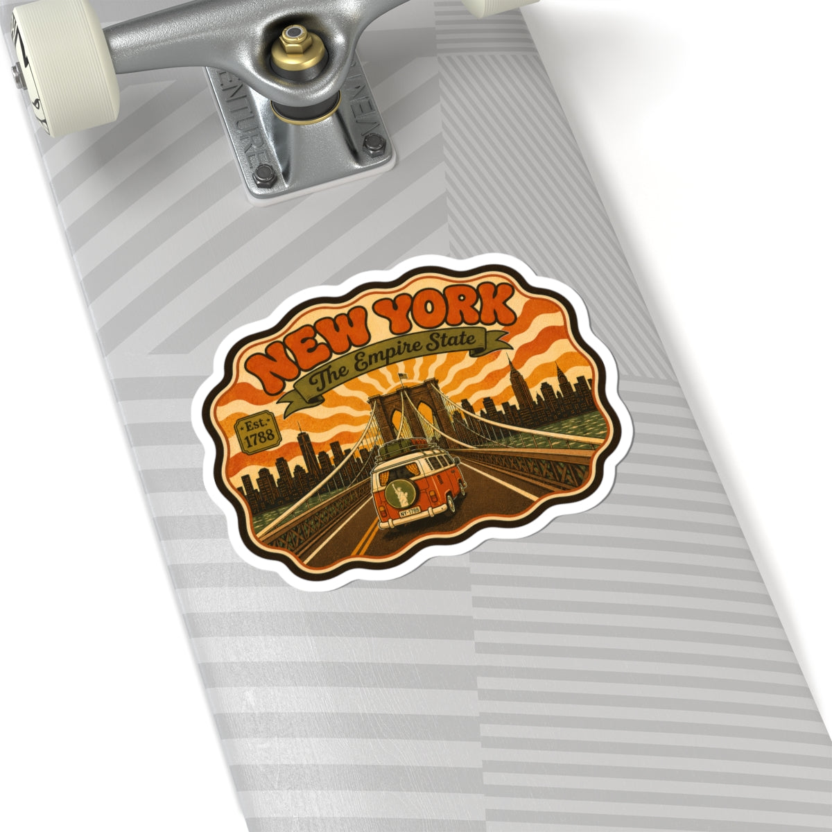 Kiss-cut vinyl sticker with 'NEW YORK' title, Empire State skyline, and orange-brown retro van.