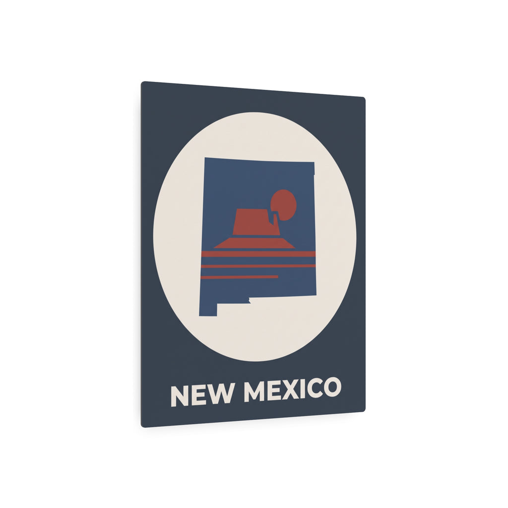 New Mexico metal silhouette wall sign, dark blue square with white oval and red mesa icon