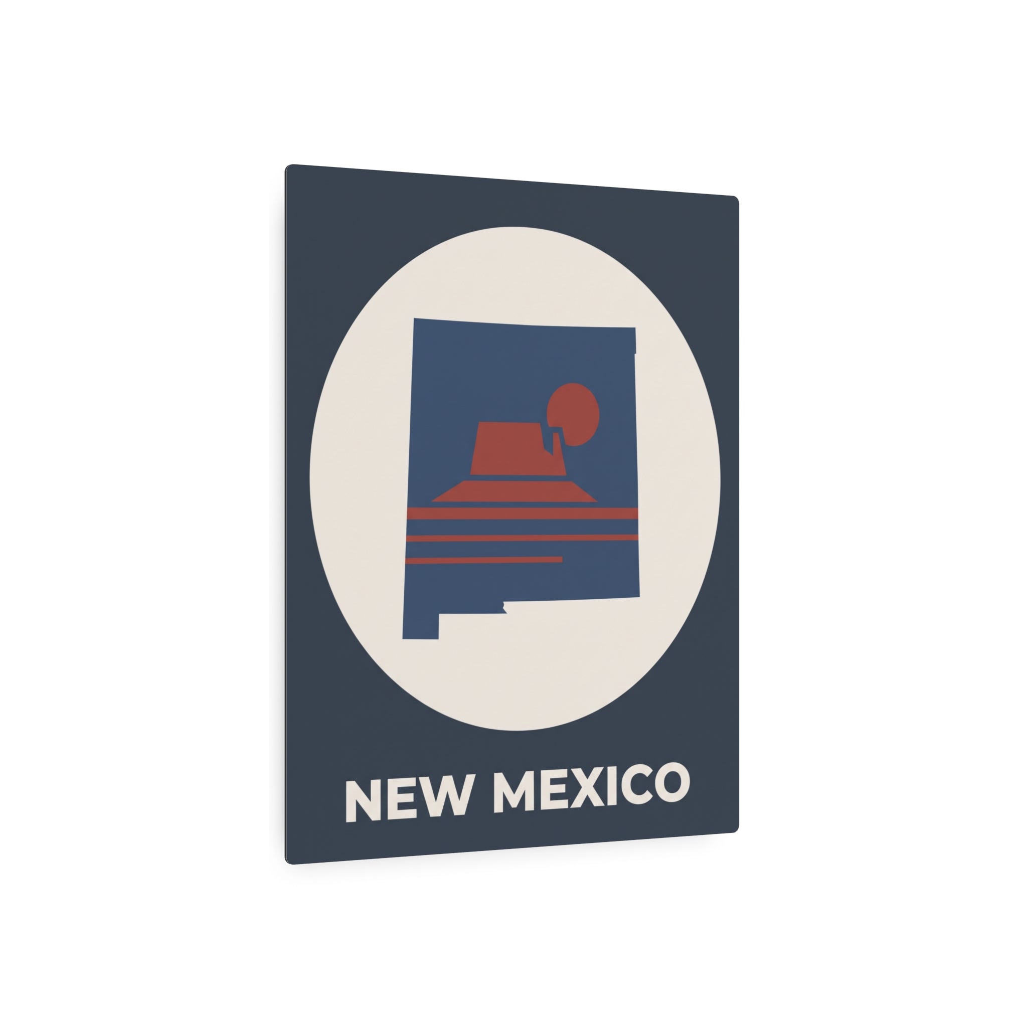 New Mexico metal silhouette wall sign, dark blue square with white oval and red mesa icon