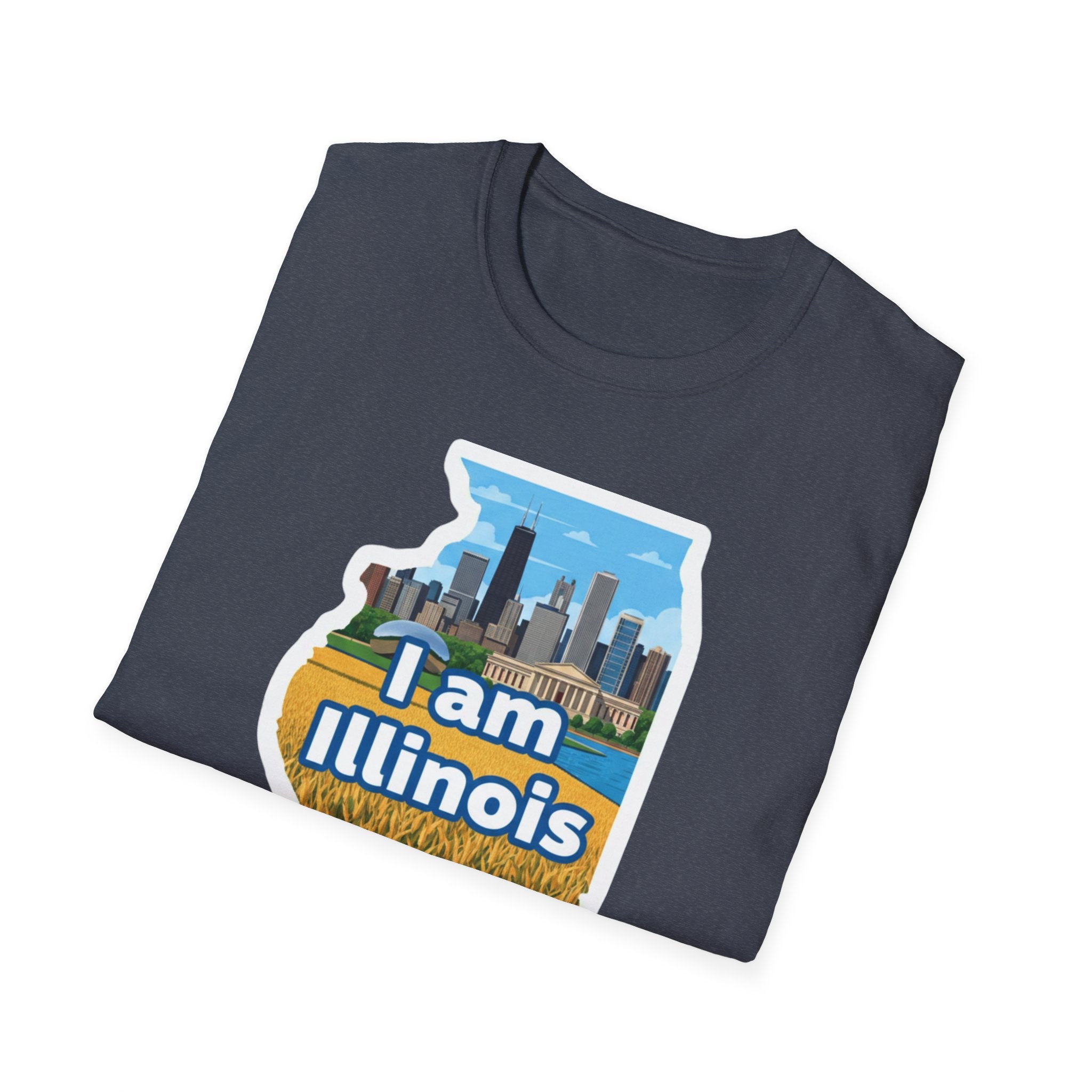 I Am Illinois T-shirt graphic: Illinois map skyline, farmland and “I am Illinois”