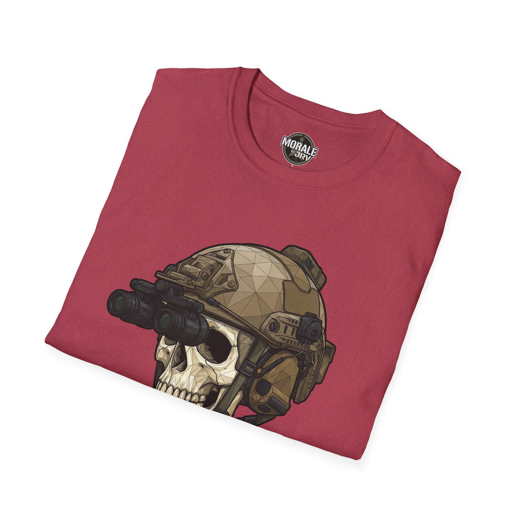 Red T-shirt with skull-in-helmet tactical NVG graphic on front