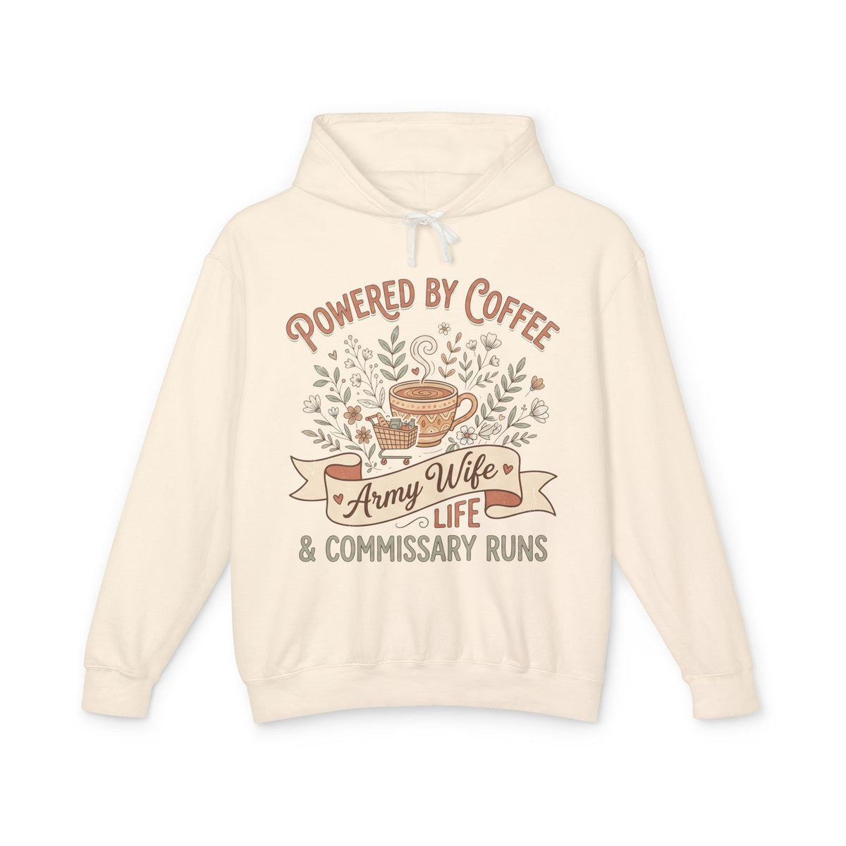 Ivory pullover hoodie with drawstring hood; 'Powered by Coffee' graphic