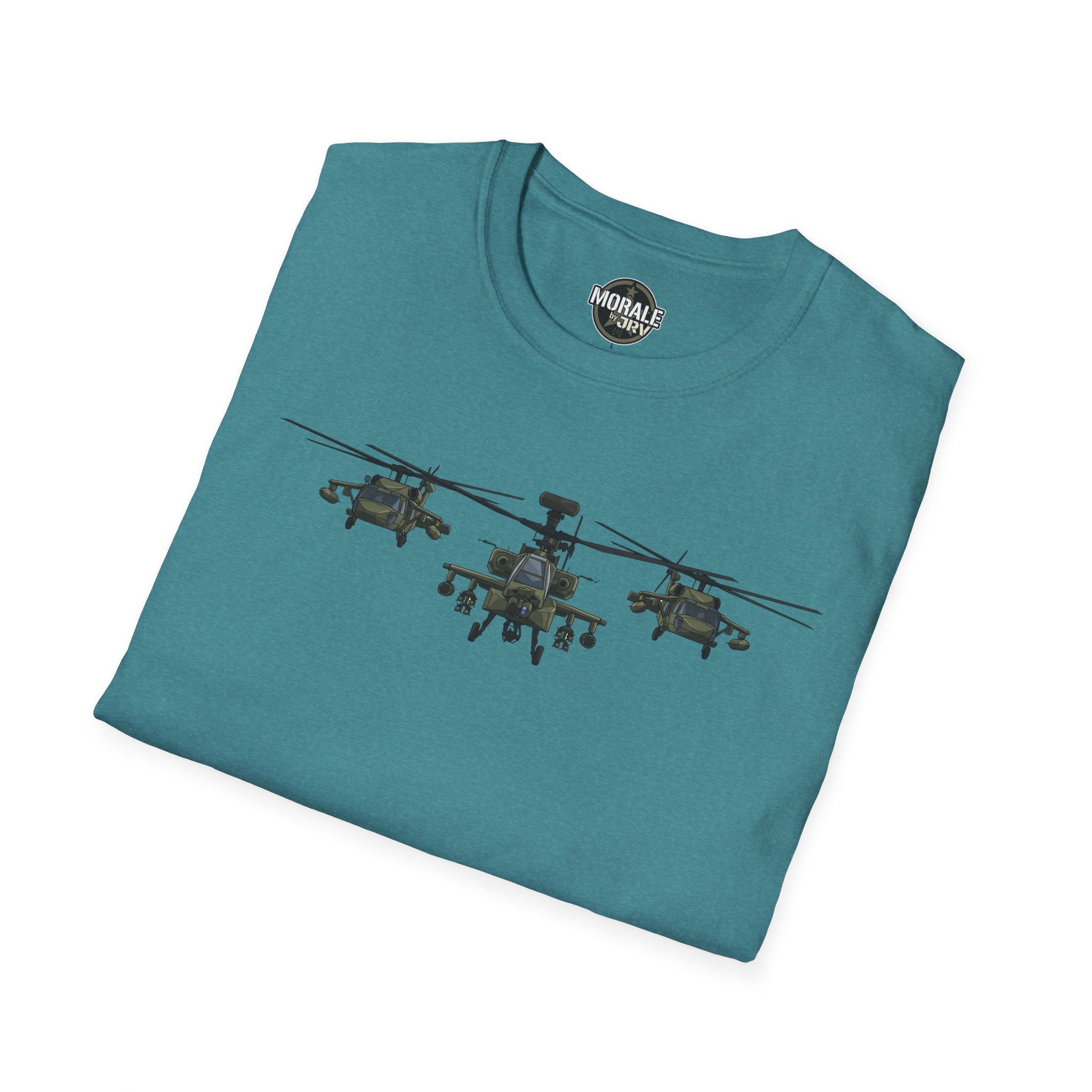 Teal tri-helicopter graphic T-shirt with “MORALE by DRV” neck logo