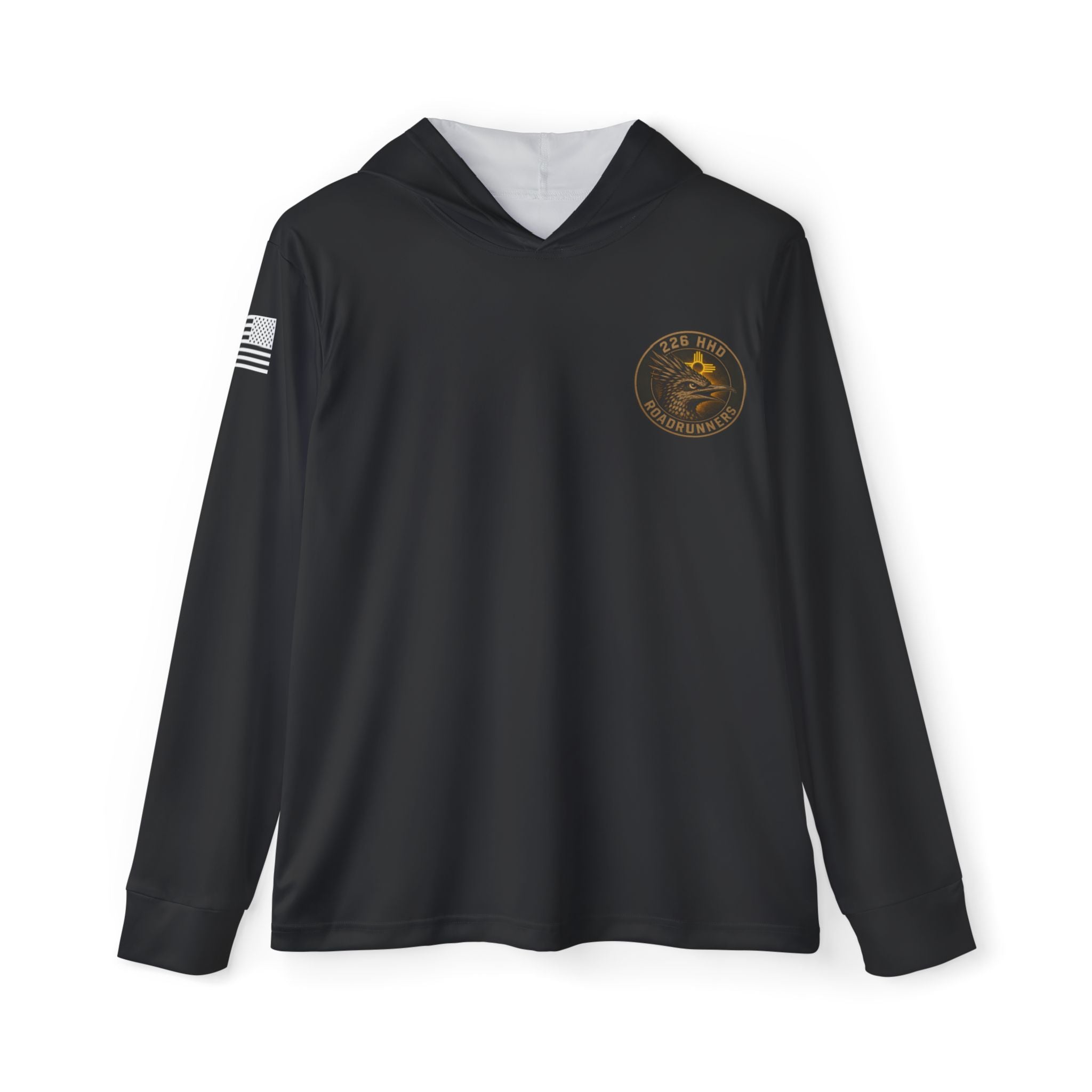 Black hoodie with front chest emblem and striped flag graphic on sleeve