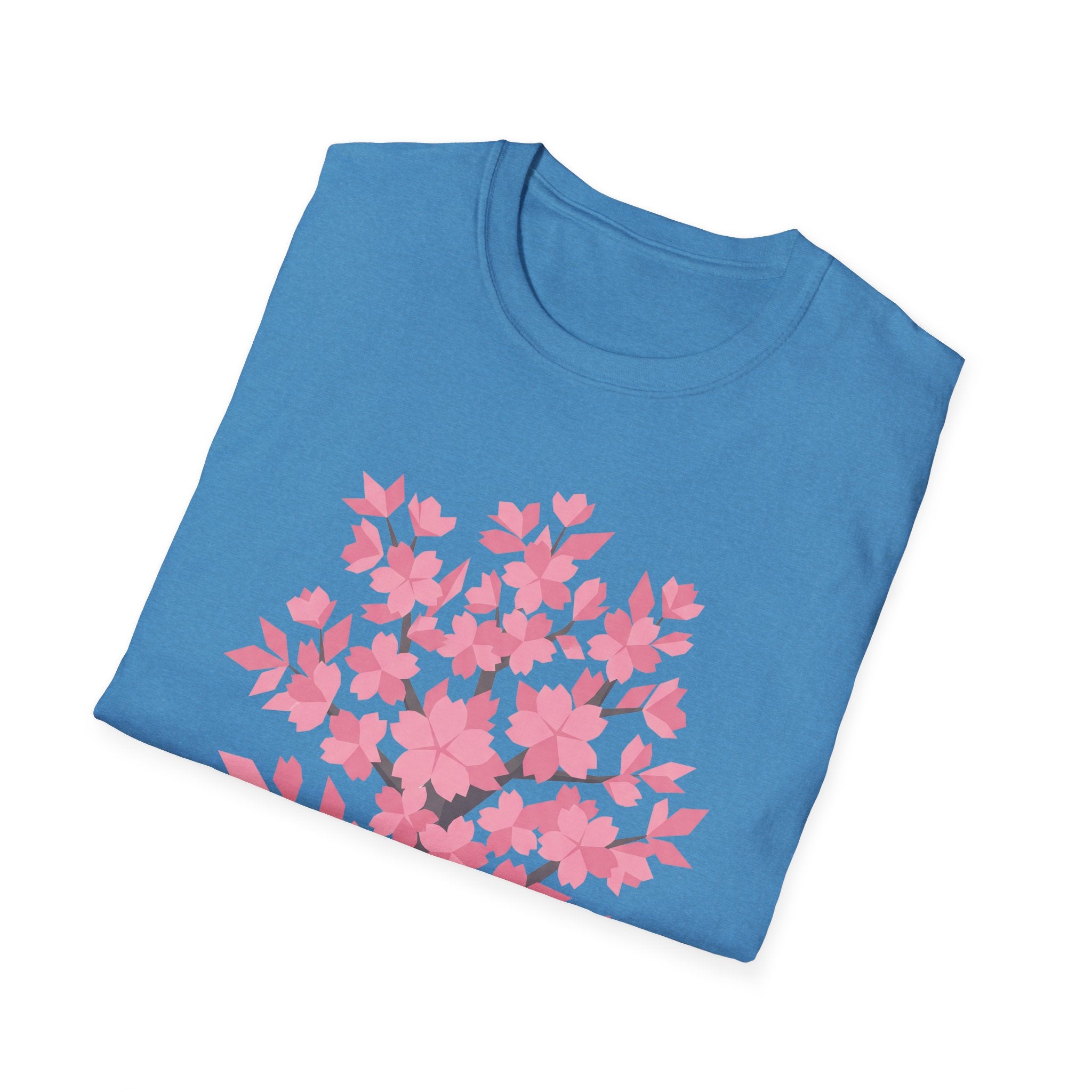 Blue crewneck T-shirt with large pink cherry blossom tree floral print