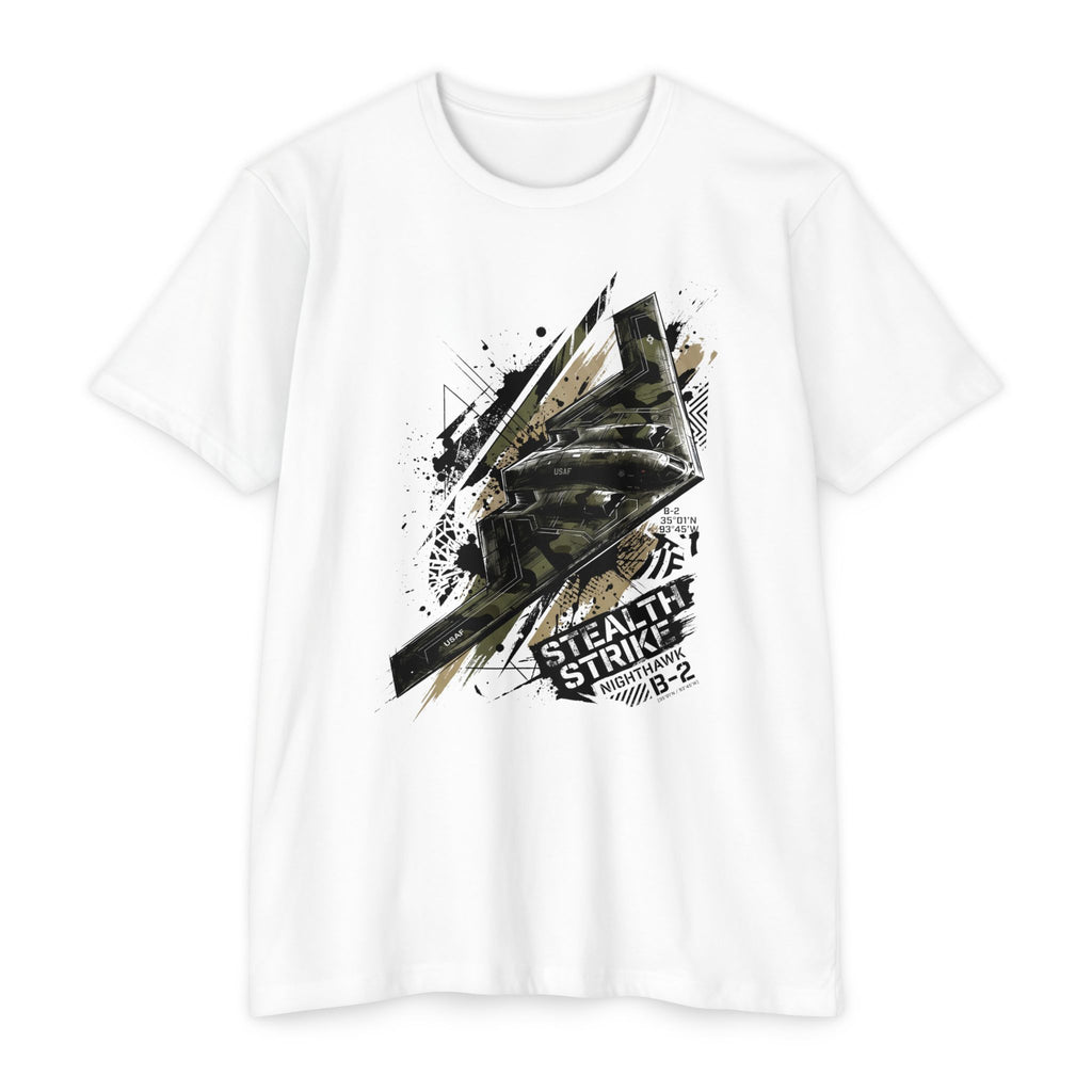 White bomber T-shirt with short sleeves and crew neck; B-2 style graphic front