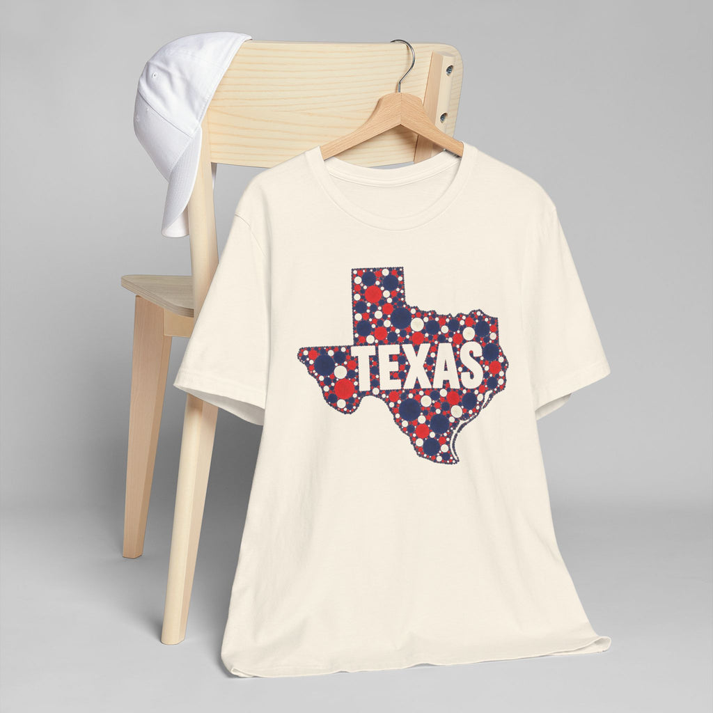 Cream crewneck T-shirt with patriotic polka-dot Texas outline graphic on front