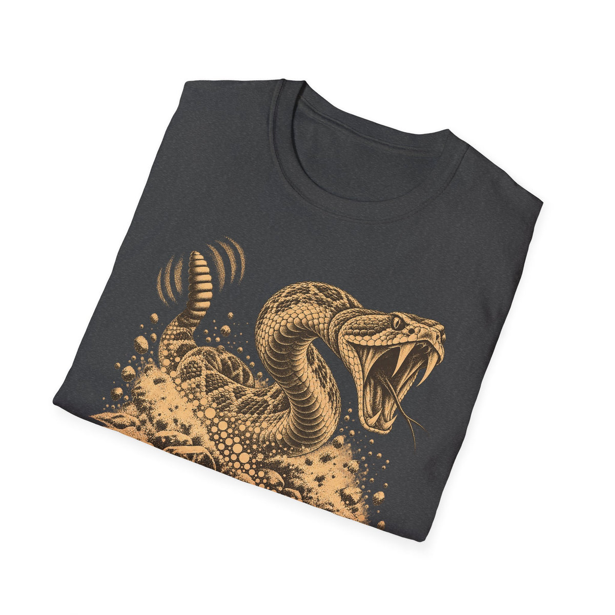 Charcoal gray crew-neck T-shirt with coiled rattlesnake desert graphic on front.
