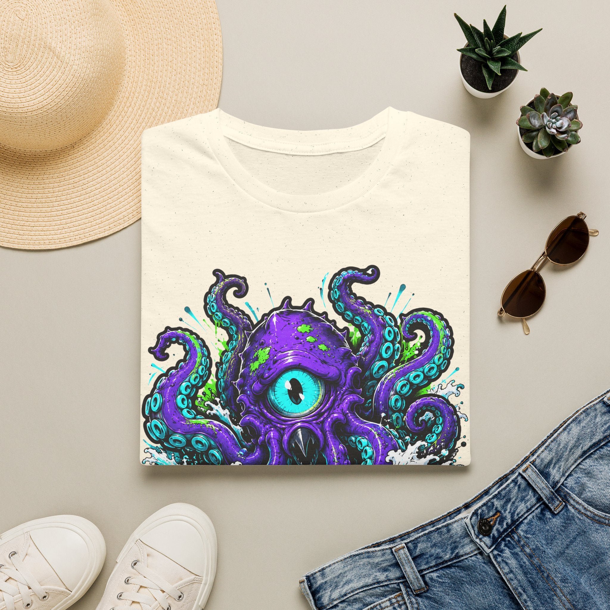 White graphic octopus T-shirt with purple cyclops eye and teal tentacles art