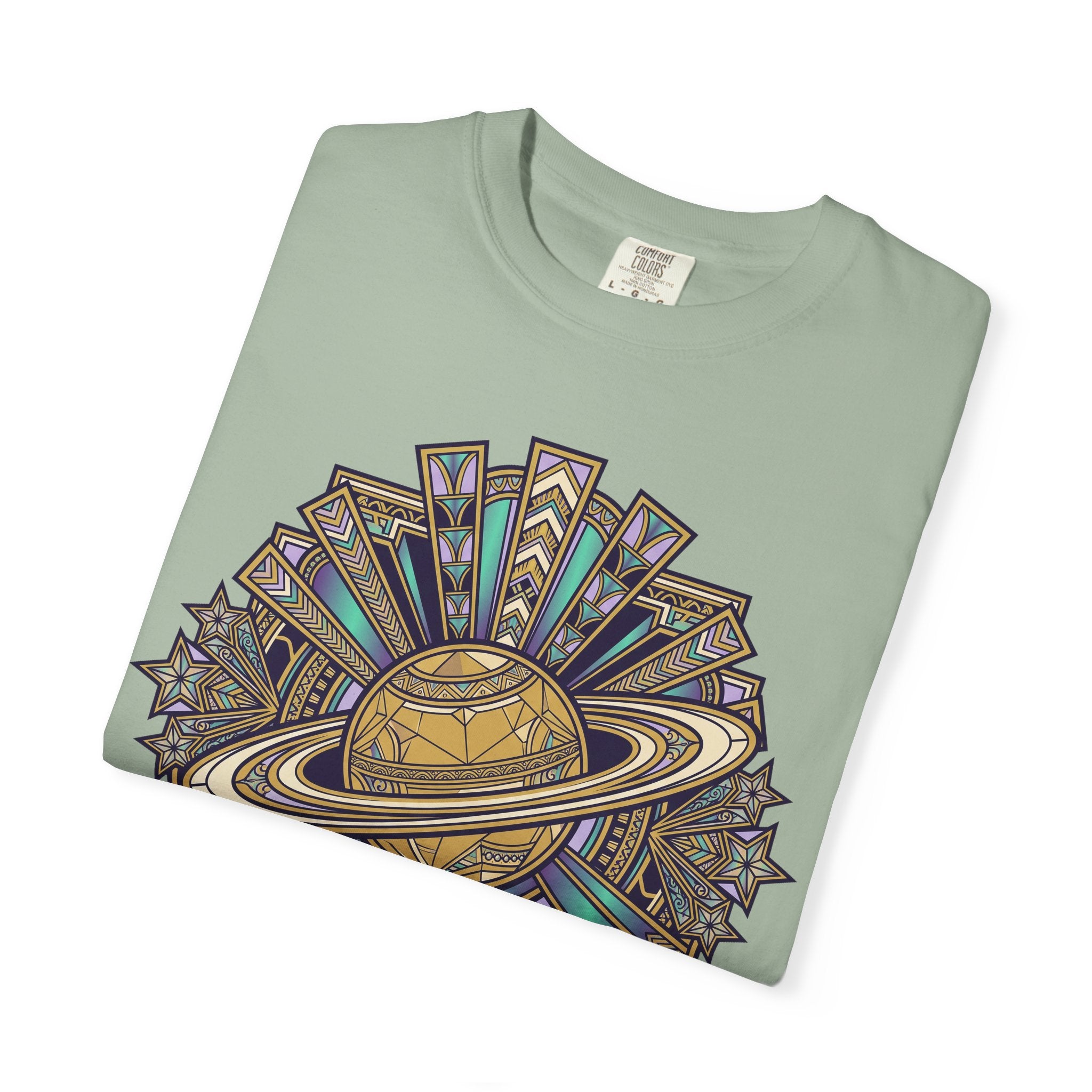Sage green crew-neck T-shirt with colorful celestial Saturn graphic on front.