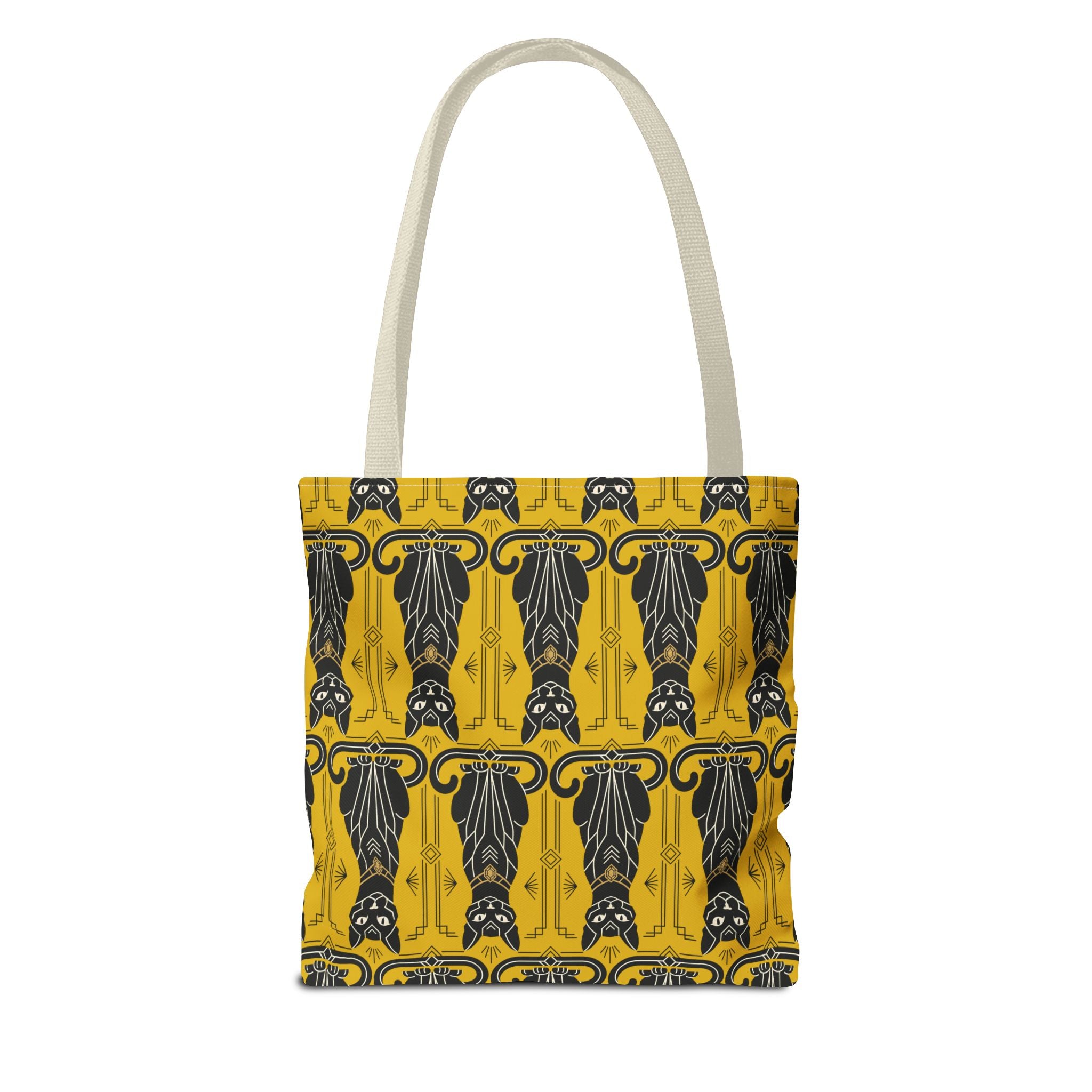 Yellow cat-pattern tote bag with light beige fabric handles and navy repeating cats
