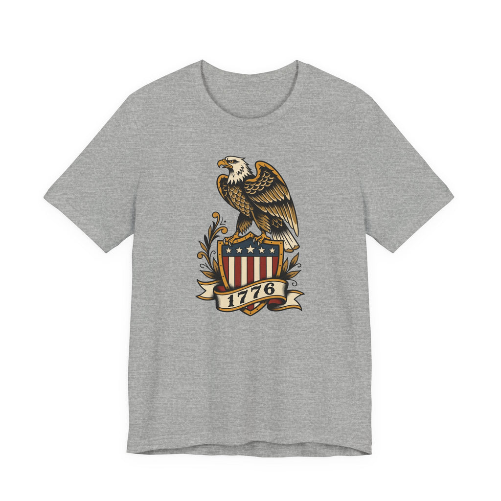Dark grey heather t-shirt with eagle shield graphic and banner reading 1776