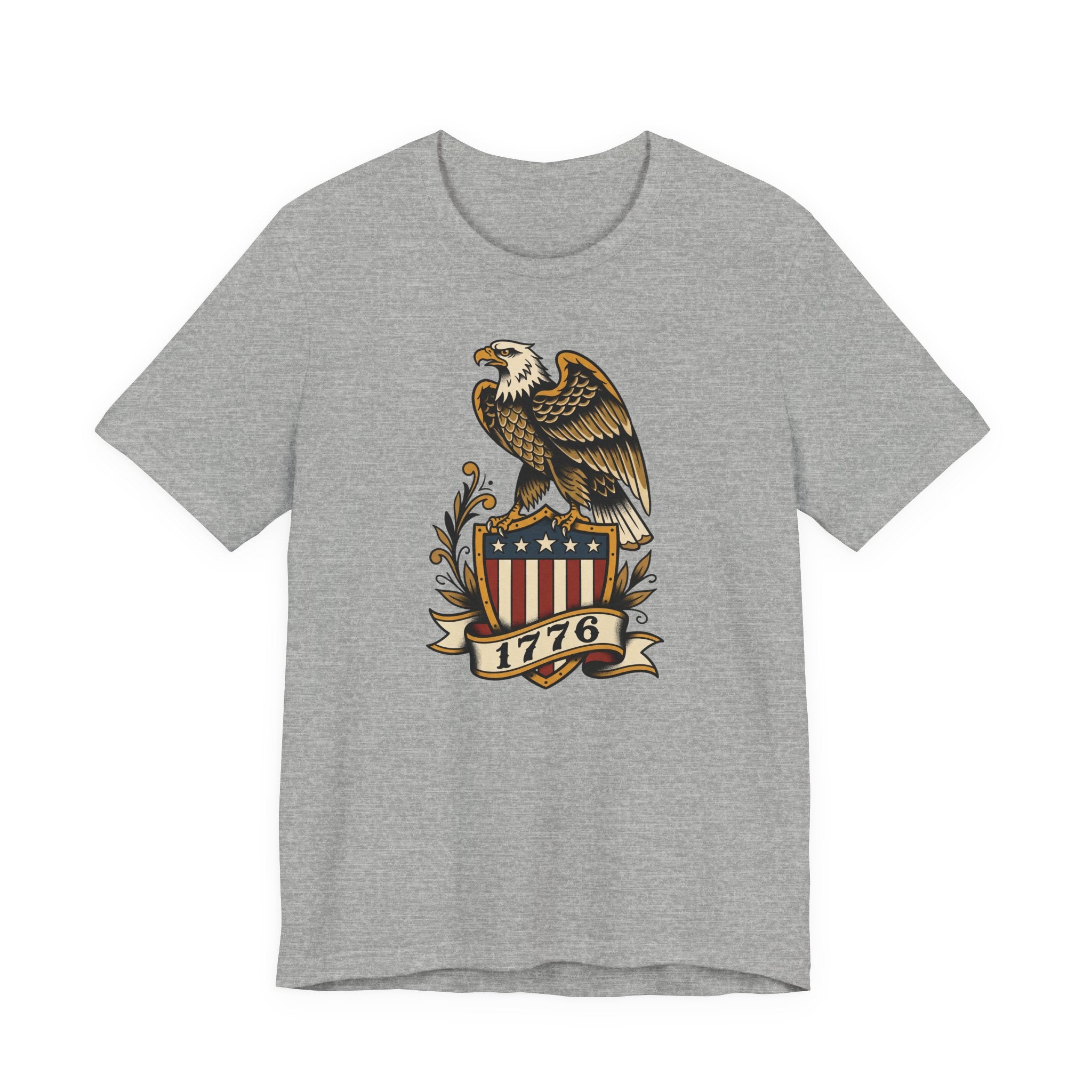 Dark grey heather t-shirt with eagle shield graphic and banner reading 1776