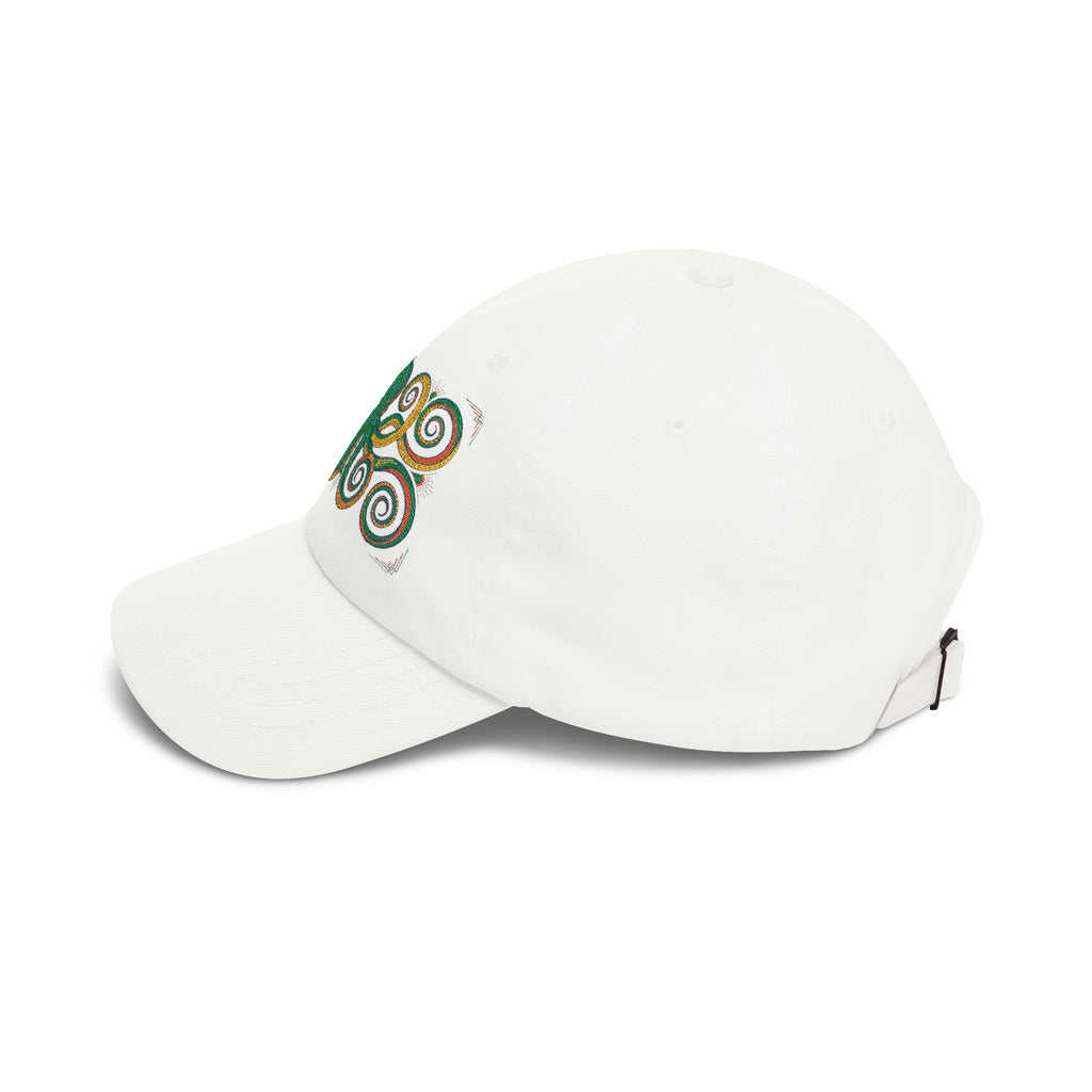 White baseball cap with curved brim and green-and-gold swirl embroidery on the side