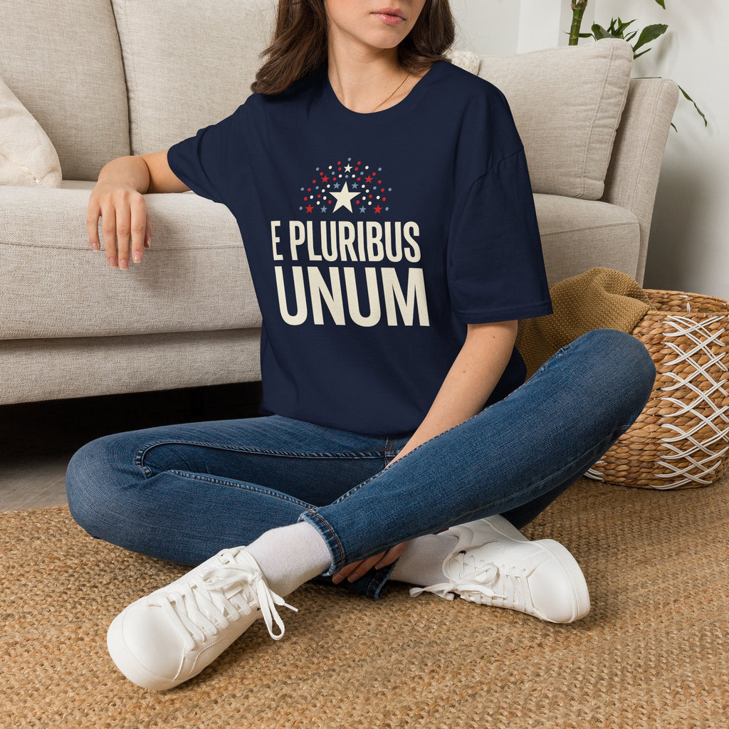 Navy T-shirt with 'E PLURIBUS UNUM' starburst graphic, crew neck