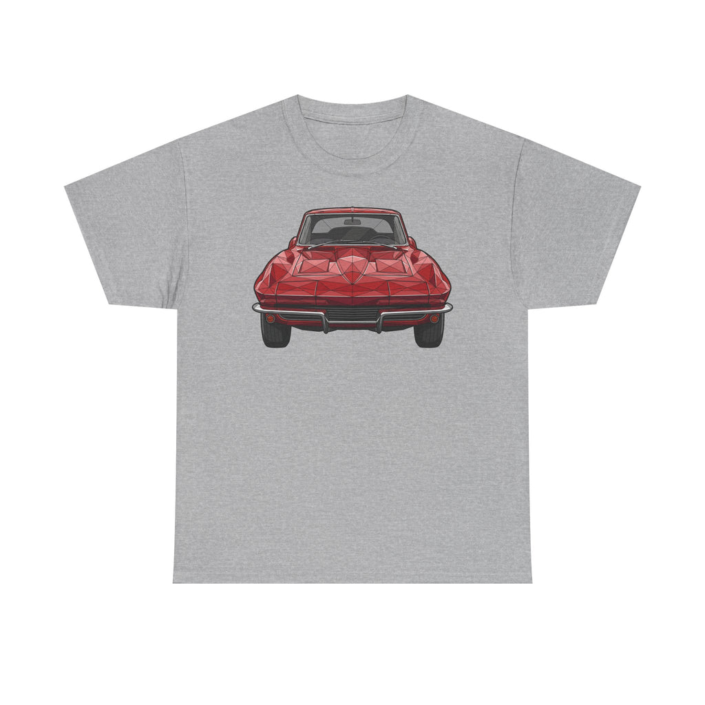 Light grey T-shirt with red retro sports coupe graphic on the chest