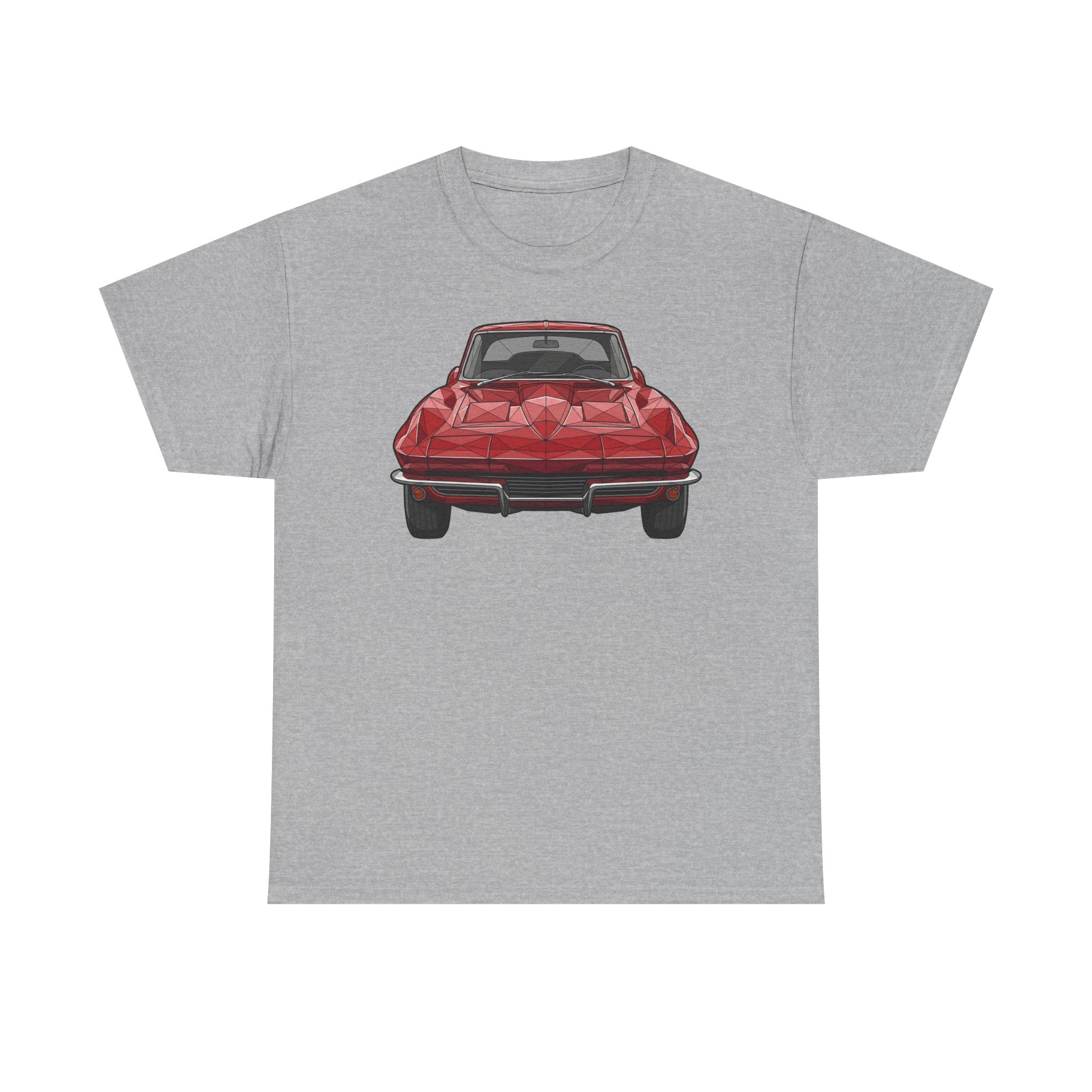Light grey T-shirt with red retro sports coupe graphic on the chest