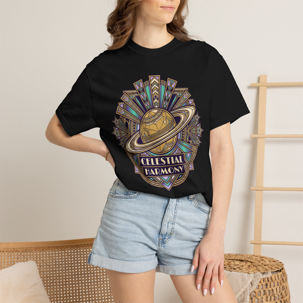 Black t-shirt worn by model, featuring a celestial planet and rings front graphic