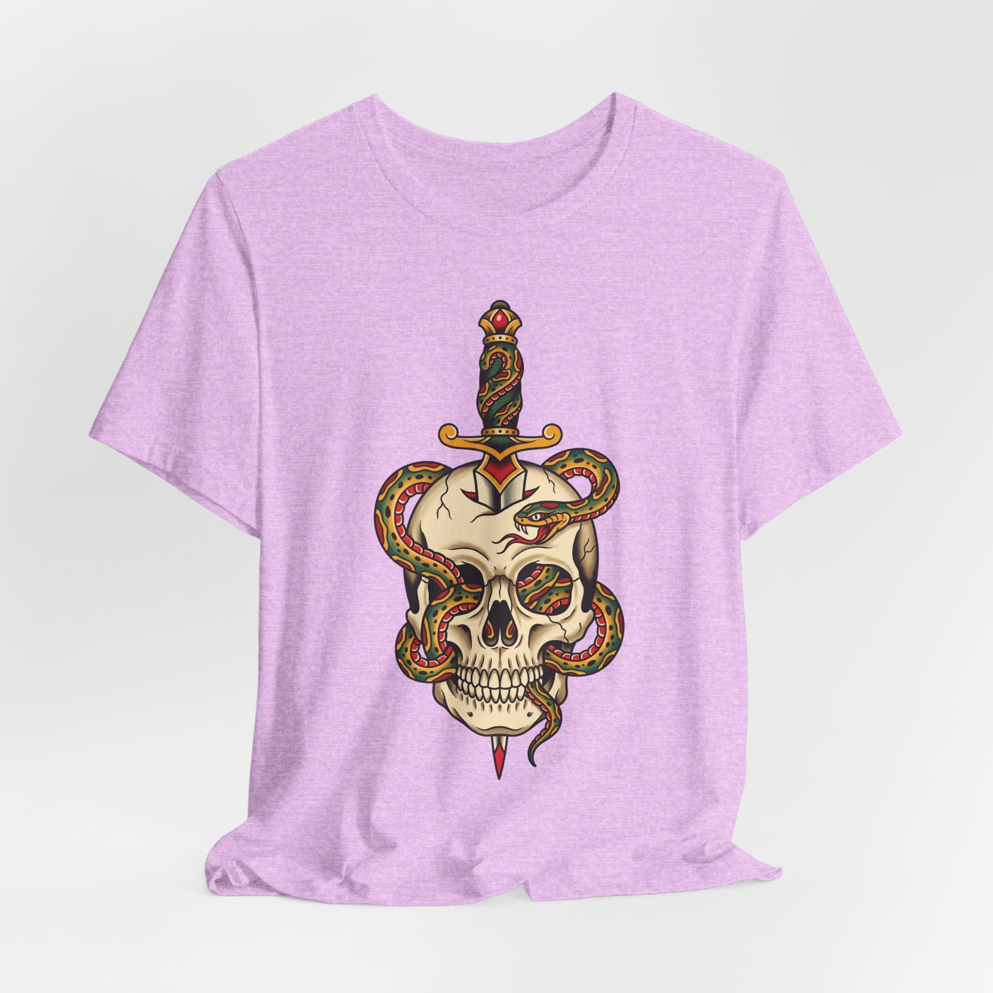 Prism lilac unisex t-shirt with centered snake skull and dagger graphic