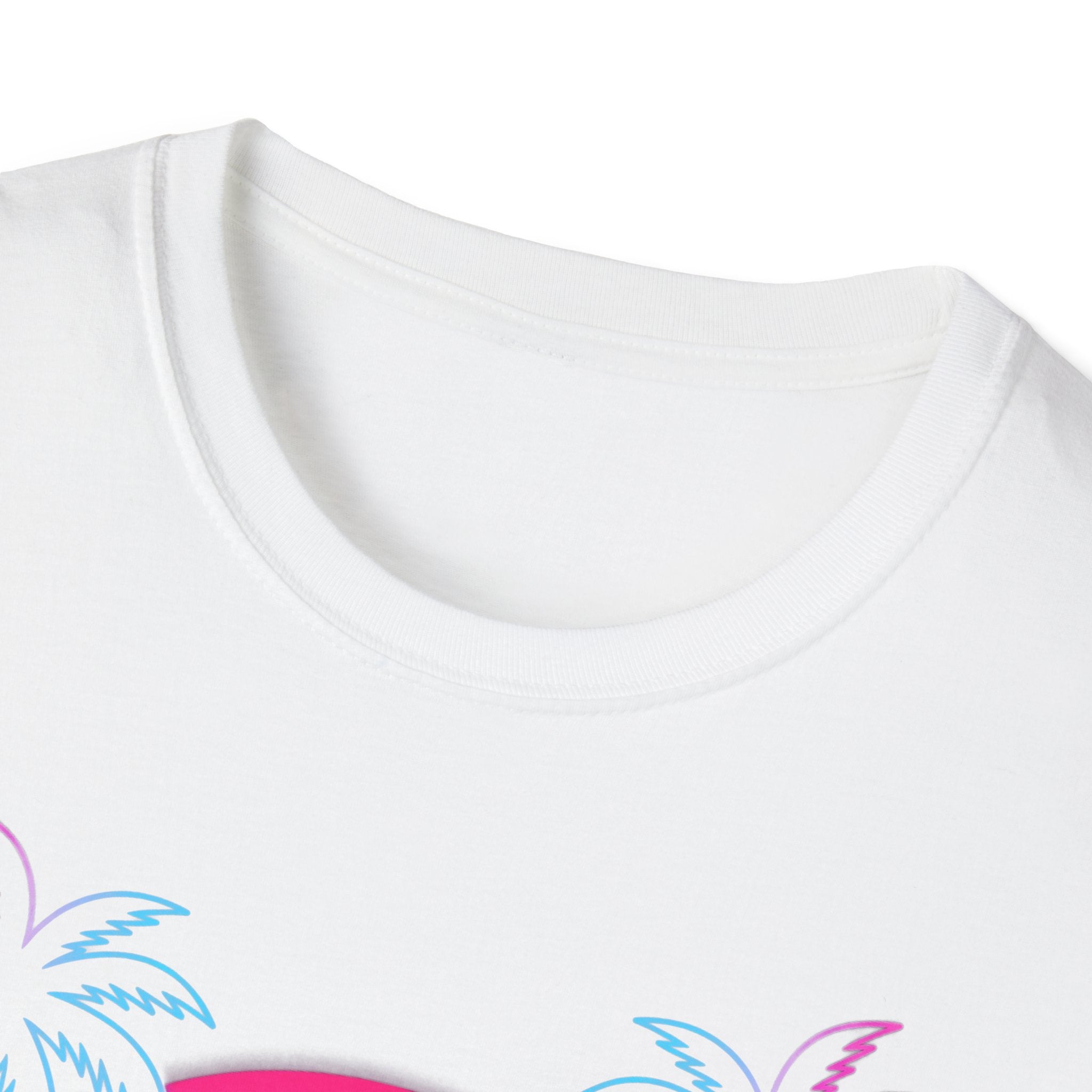 Vaporwave Skull Sunset T-Shirt in White, crew neck close-up